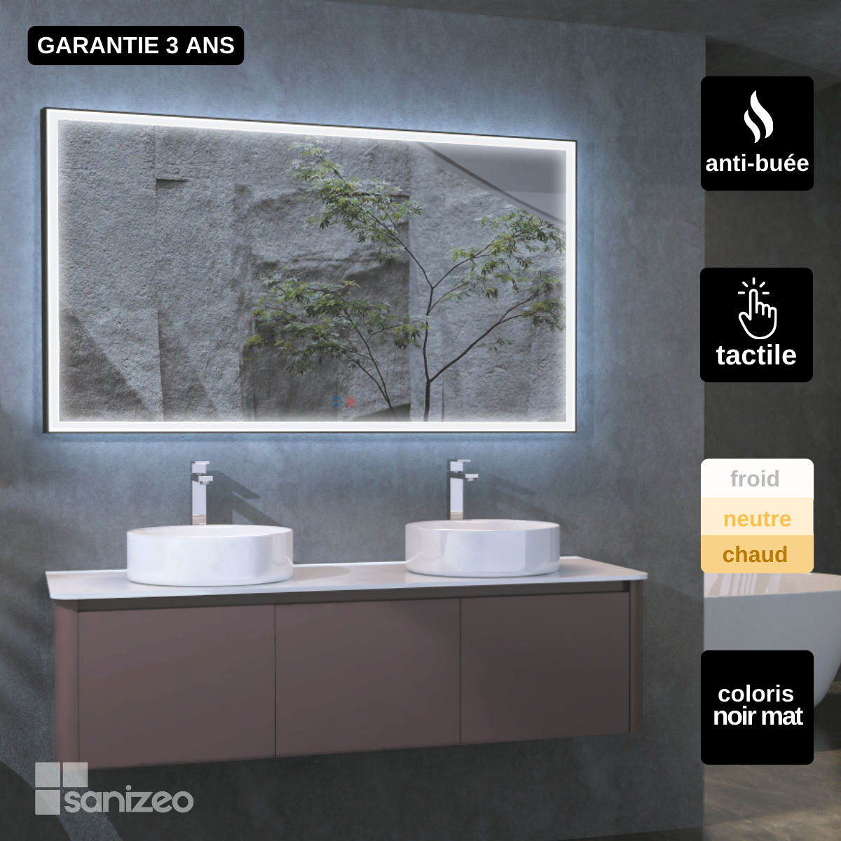 Miroir Salle de Bains Lumineux SUIZA Anti-Buée et Éclairage Frontal Triled Tactile On/Off Noir Mat 120x80cm LEDIMEX - 2