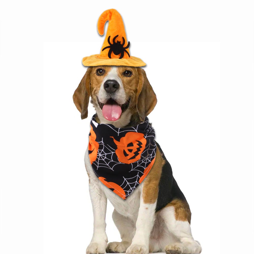 Strój czarownika dla zwierząt domowych, Czapka pająkowa dla psów i kotów, Platek trójkątny z dyni, Czapka na Halloween dla zwierząt domowych