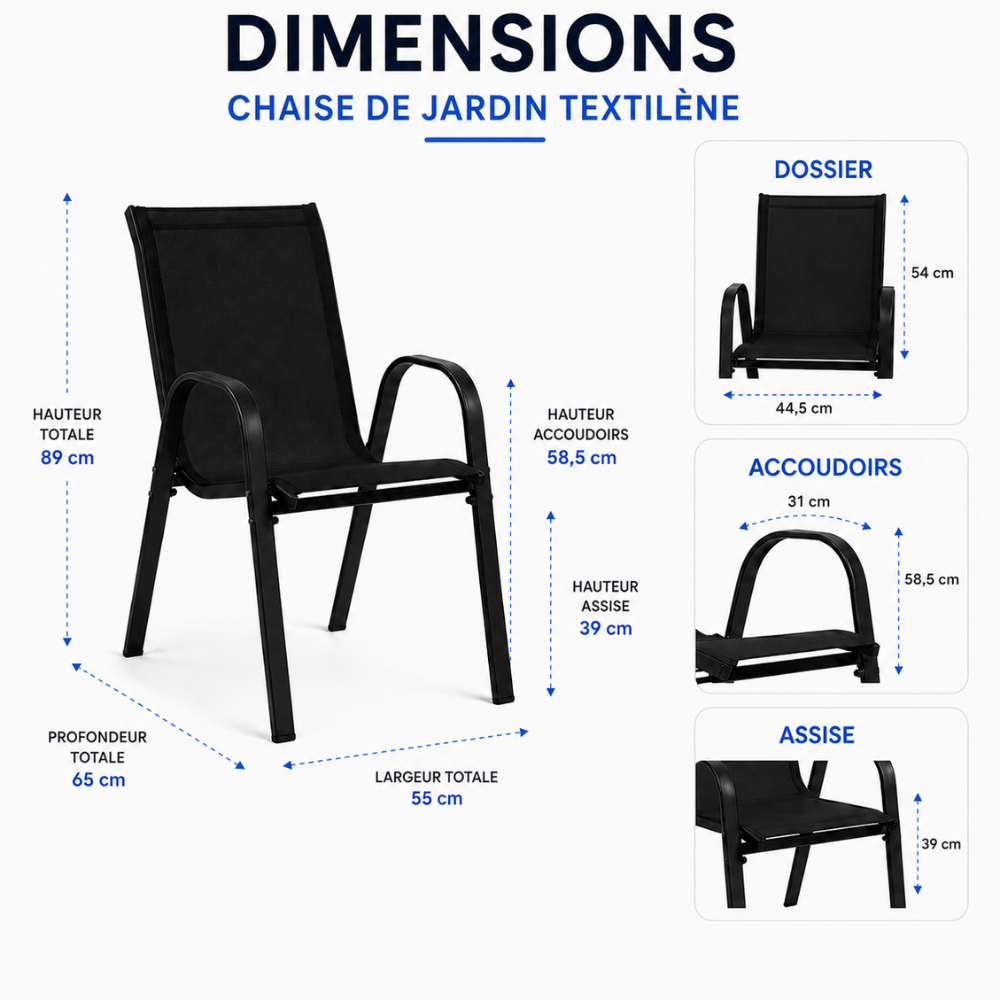 Lot de 6 Chaise de jardin sans coussin Chaises de jardin empilables textilène x6 Unité Noir en Textilène Noir - 3