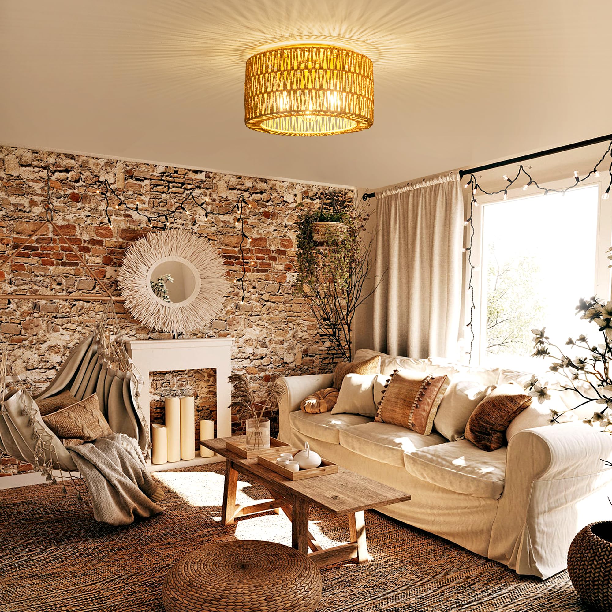 Lampa sufitowa rattanowa, żyrandol w stylu boho, lampa wisząca z żarówką, żyrandol sufitowy w stylu wabi-sabi, 3 temperatury barwowe (3000K–6000K) - 9