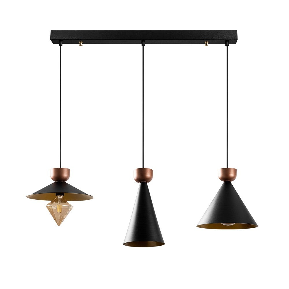 Regleta de techo momo moderno con originales pantallas de diferentes formas negras y detalles en cobre