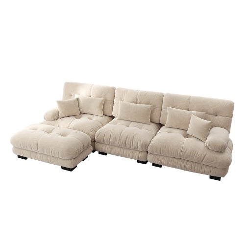 Canapé d'angle, canapé en U pour salon à 3 place avec pouf amovible, en tissu, beige - 6