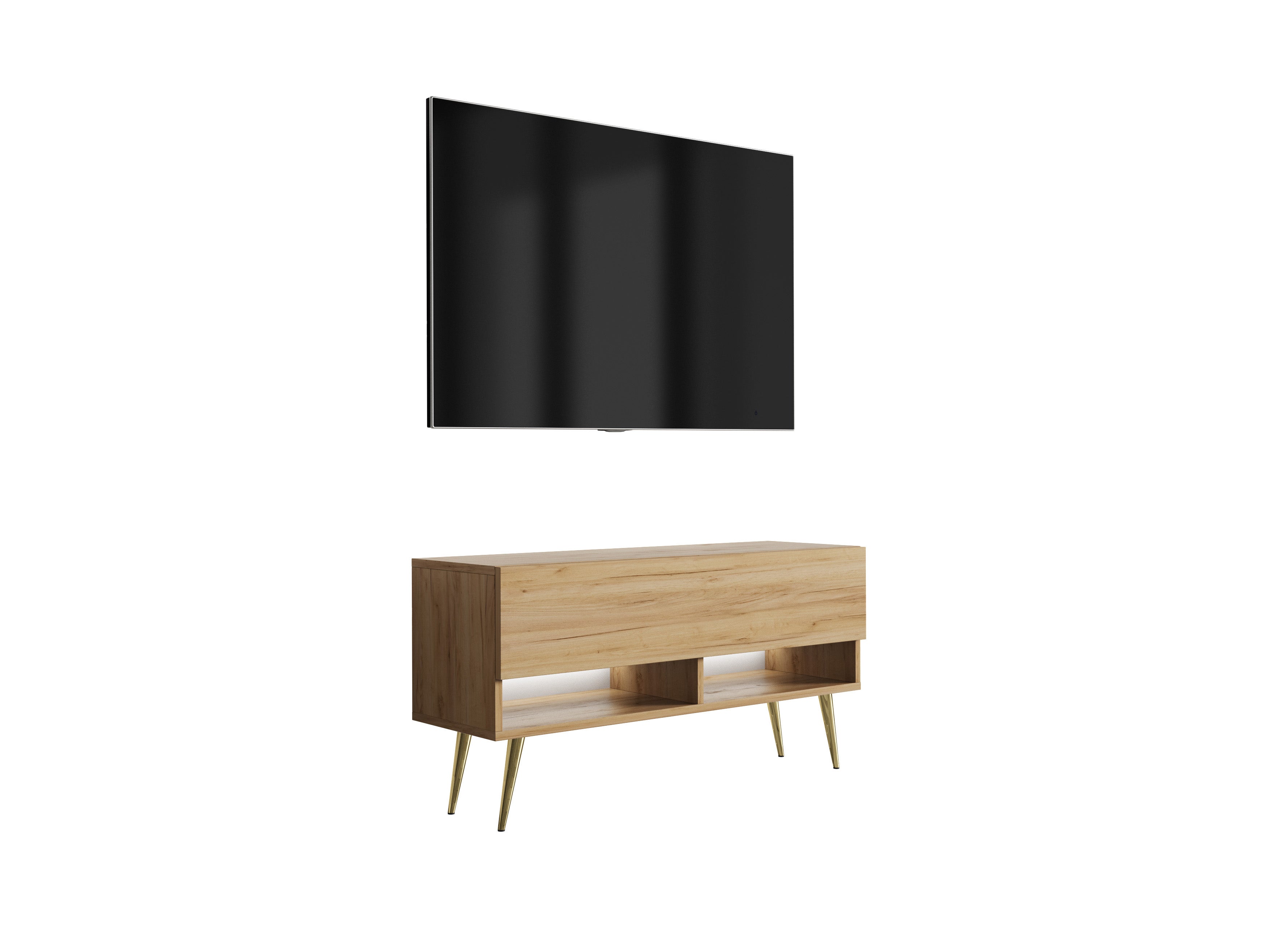 Szafka RTV : Dąb Craft, nóżki pochyłe złote, LED biały, 100 × 32 × 52 cm