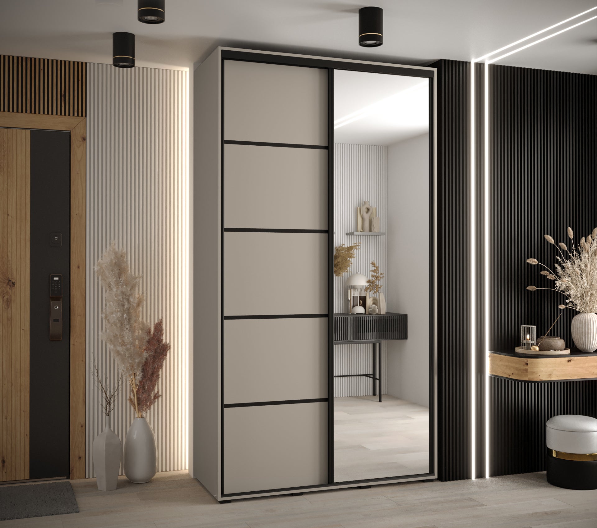 Szafa przesuwna z lustrem wysoka Dakota 5 140 x 60 x 235,2 cm kaszmir + u. czarny - Abiks Meble - 2