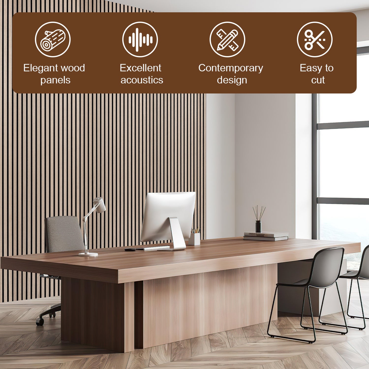 Lote de 2 paneles acústicos autoadhesivos para pared listones MDF modernos de madera 120 x 60 x 2,1 cm - Panel MDF chapado en madera roble - 4