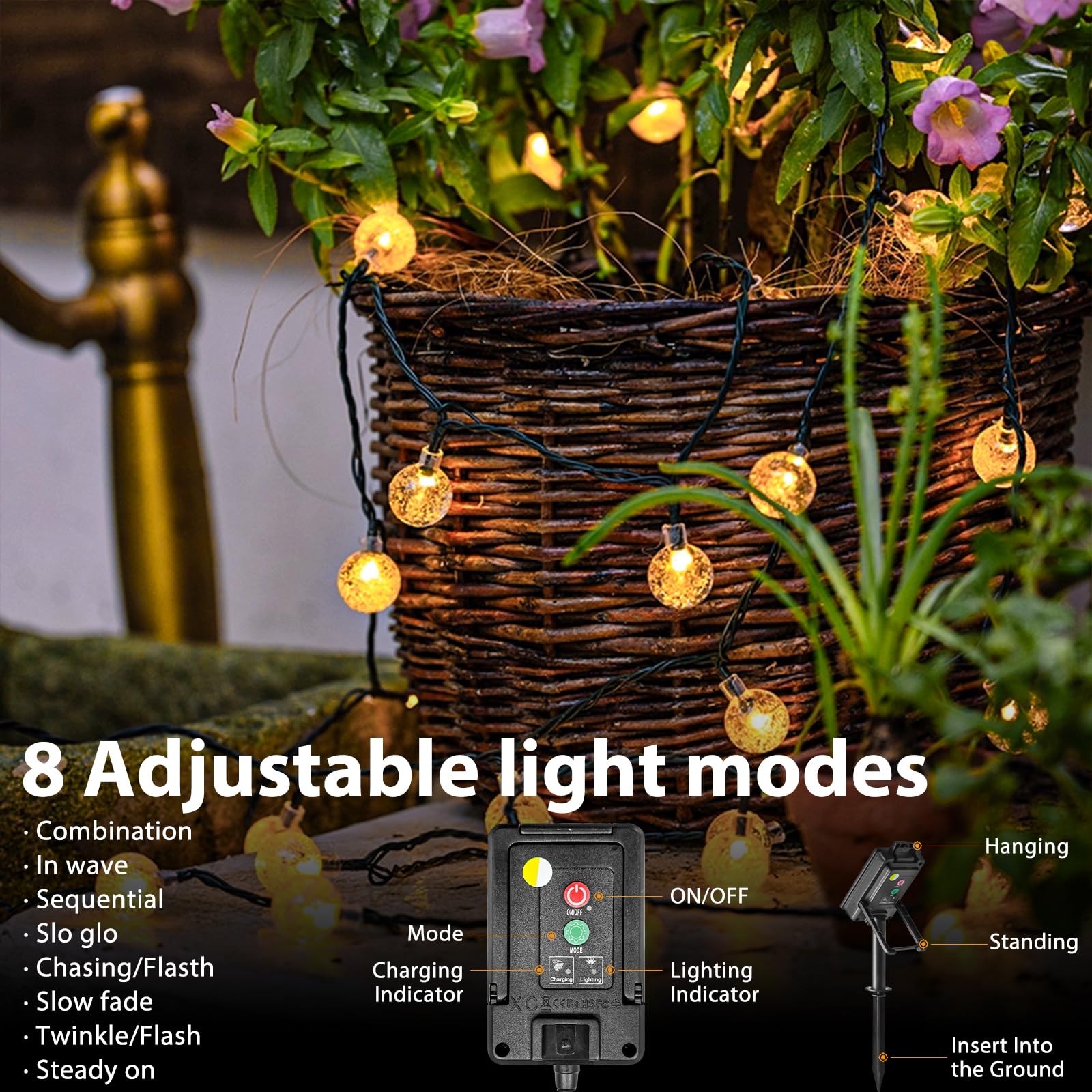 Cordão de Luzes Solares para Exteriores de 11 m, 60 LEDs, à Prova D'água, Bolas de Cristal, para Jardim, Pátio, Varanda, Festa (Branco Quente) - 4