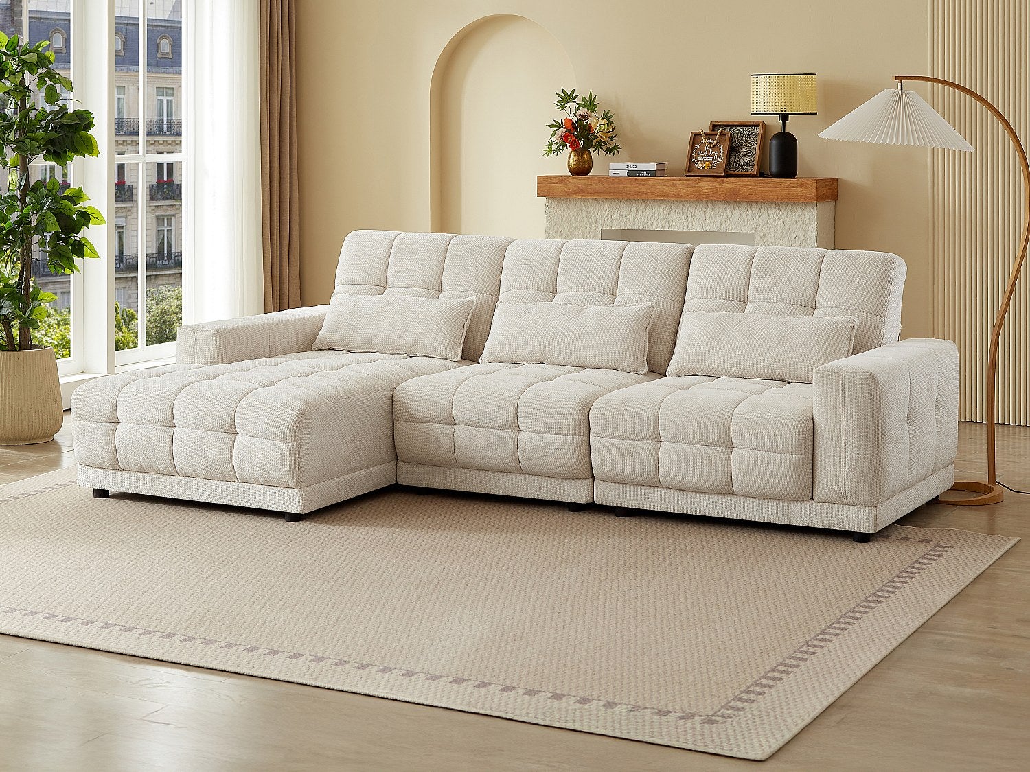 Pascal Tela Sofá rinconera izquierda reclinable eléctrico en tela texturizada beige ...