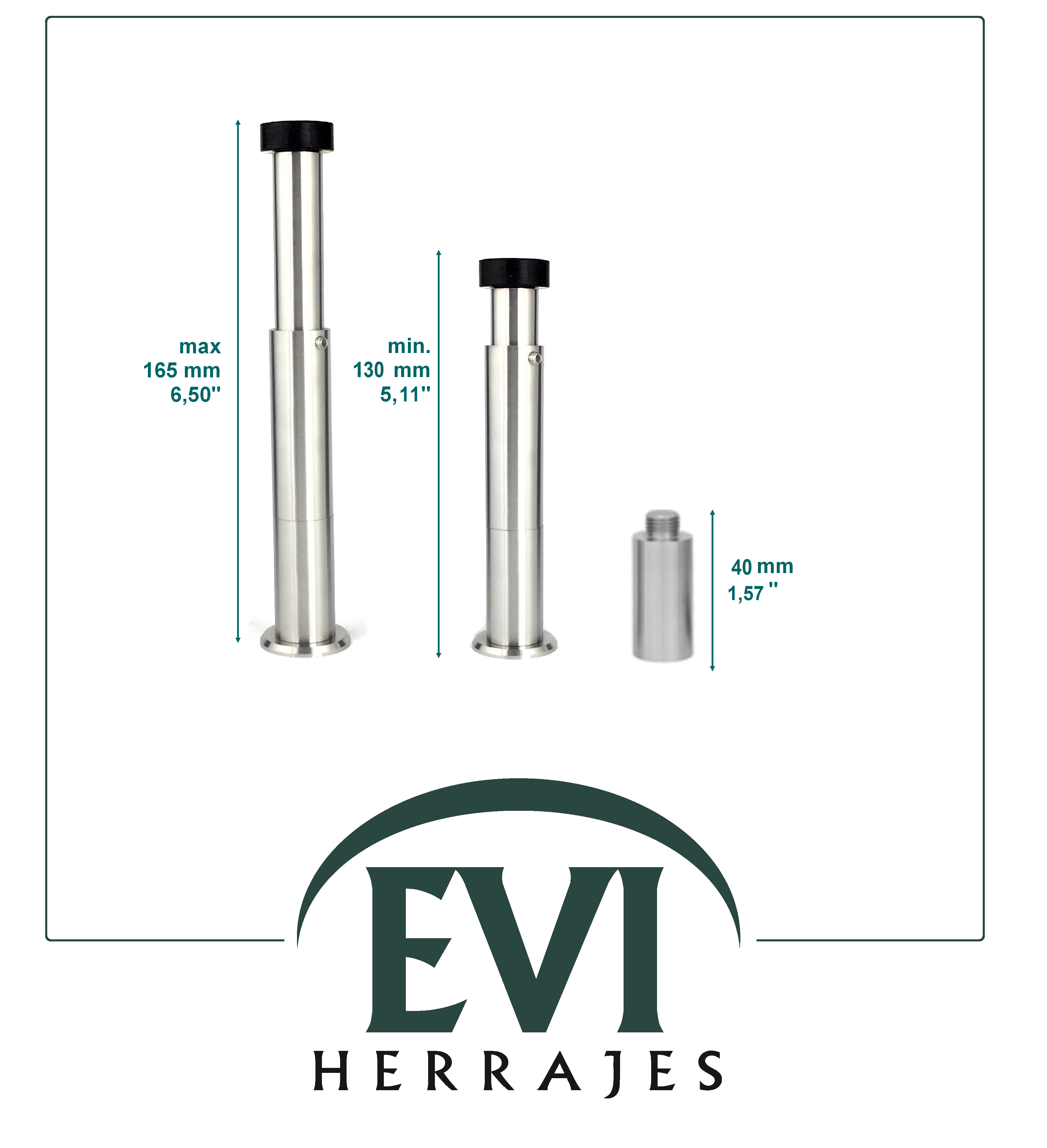 Lot de 2 butées de porte réglables, de 130 à 165mm, en acier avec caoutchouc de protection noir, à visser, EVI Herrajes. - 3