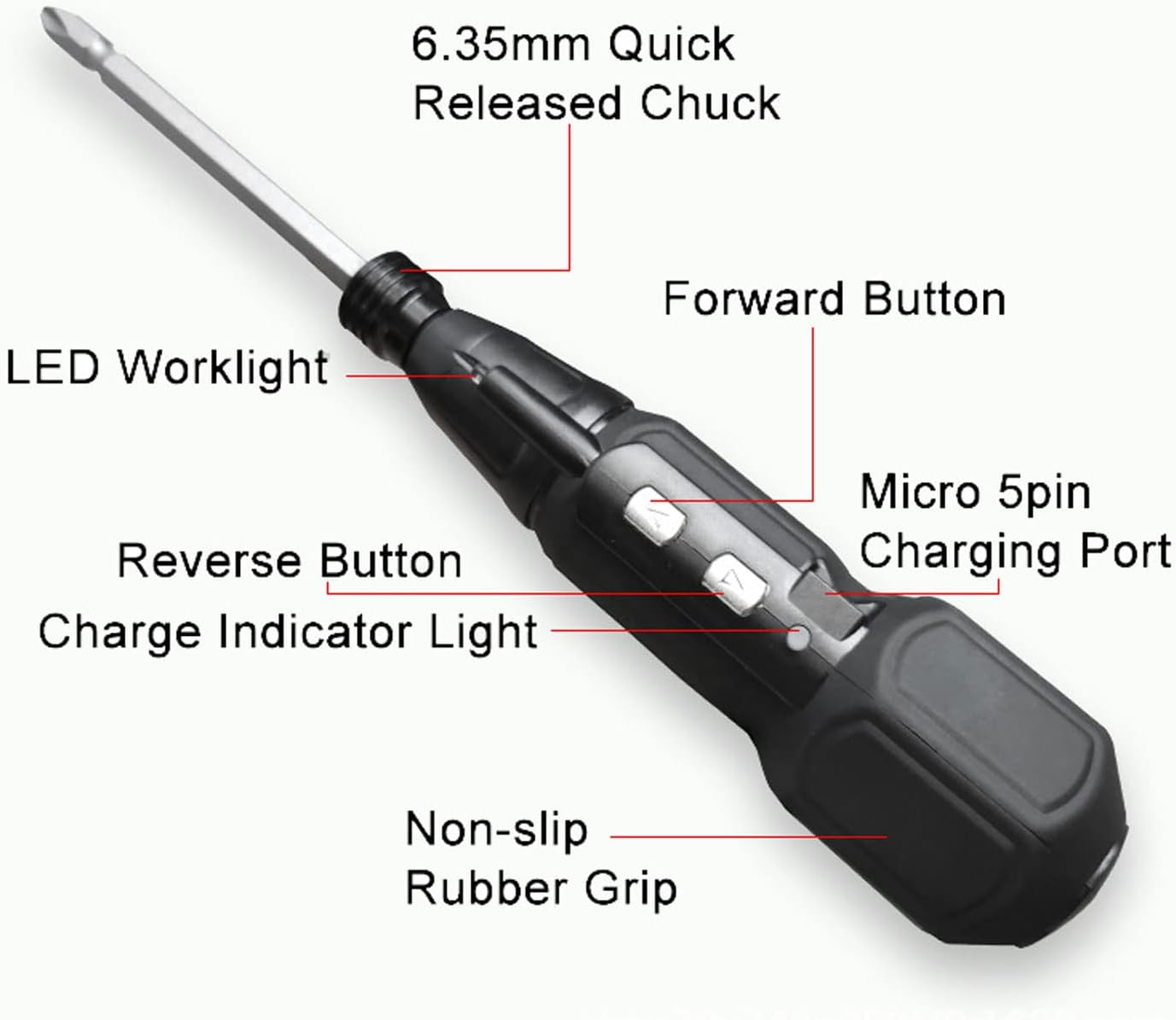 5 pièces Tournevis Électrique Sans Fil 3,6V Rechargeable Portable, Rotatif, LED, Embout Double Tête 6,35mm, Câble USB - 2