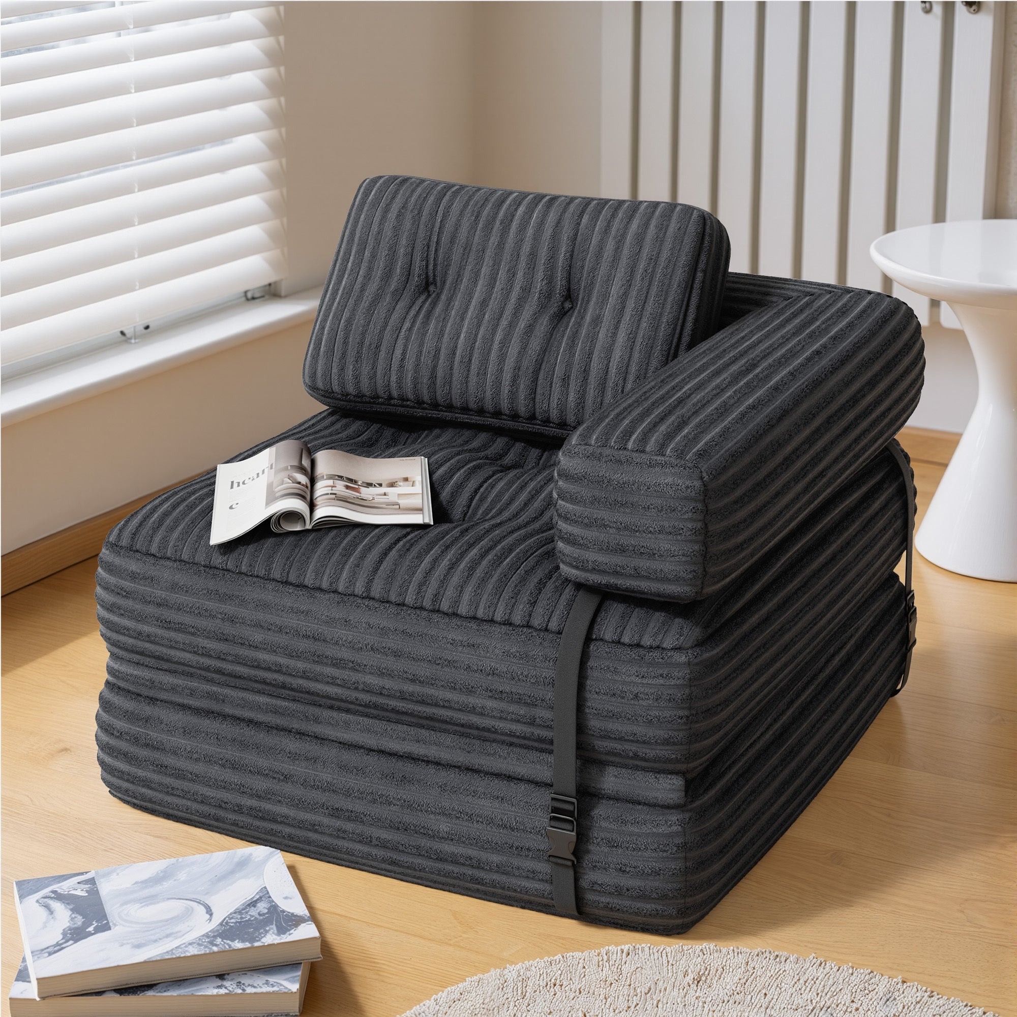 Bealife Canapé Convertible Fauteuil Lit 1 Place en L Gris foncé Velours Côtelé Longue Coussin 85 x 85 cm - 7