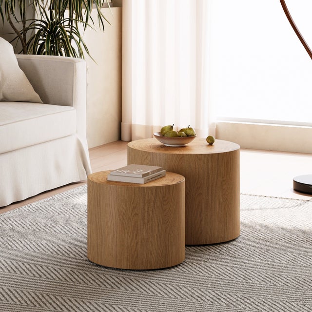 Lot de 2 Tables Basses Gigognes Rondes, Design Scandinave, Plateau Bois et MDF Naturel