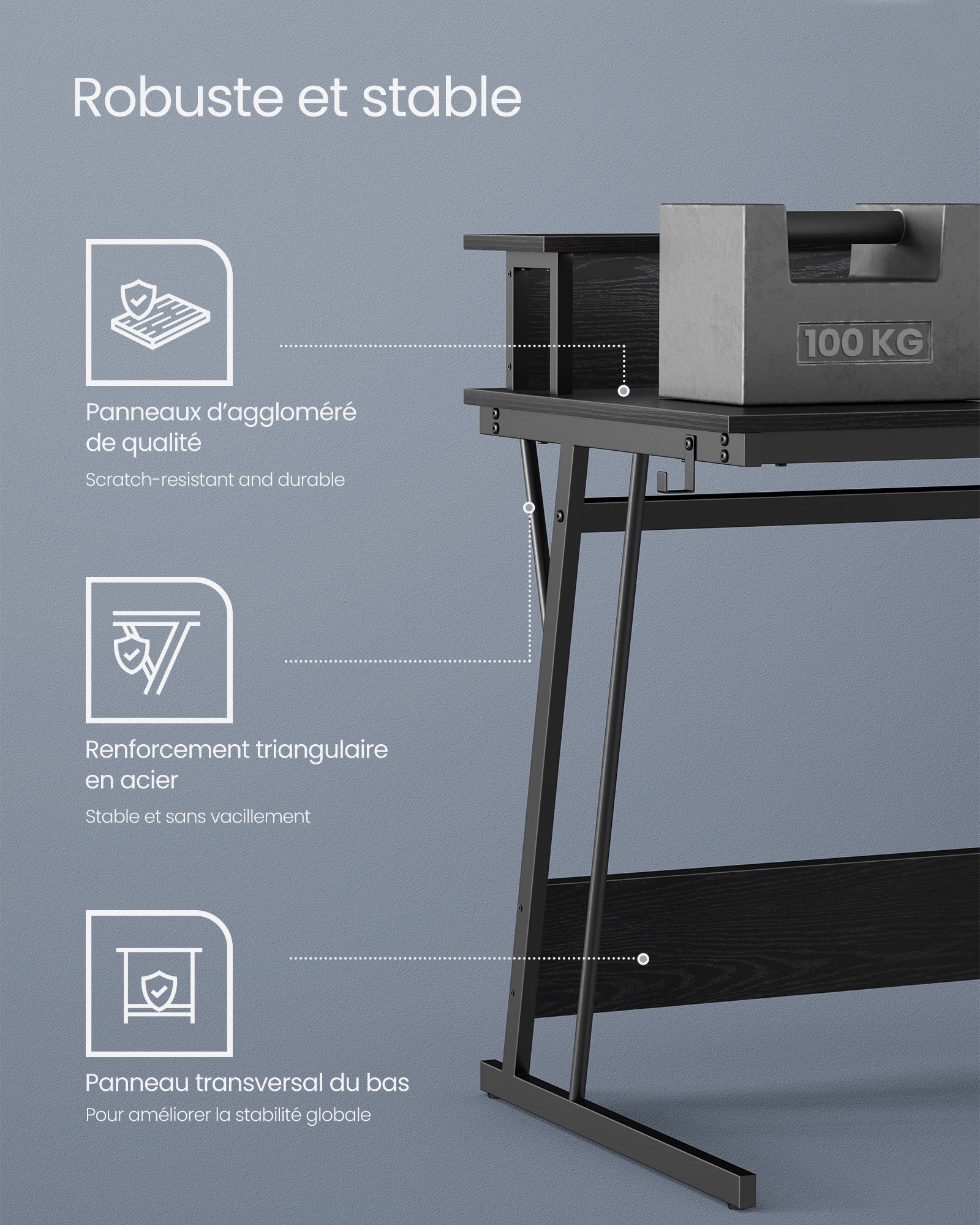 Bureau Gaming avec LED et Multiprise, Bureau Informatique avec Rehausseur d’Écran, 60 x 100 x 76 cm, Noir Boisé - 6