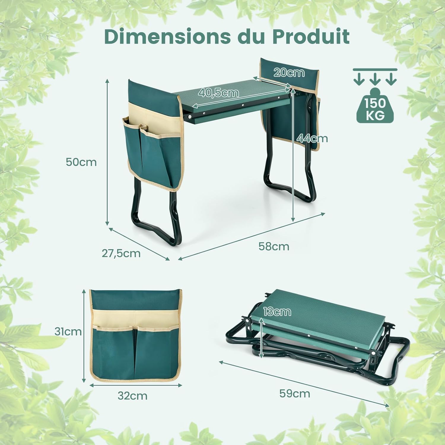 Tabouret de Jardinage Pliable avec Coussin EVA, Genouillère de Jardin, Cadre en Métal avec 2 Grande Pochette à Outils Charge 150KG - 3