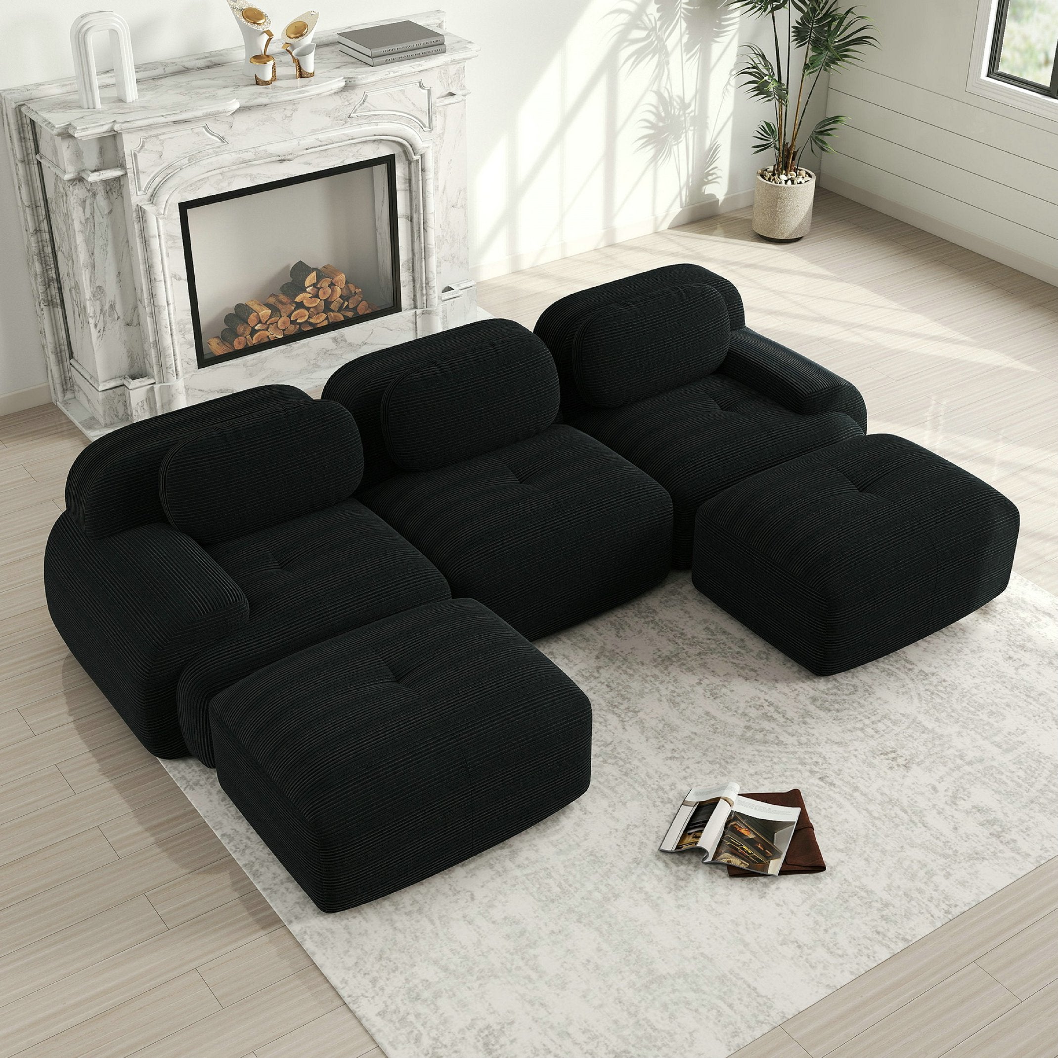 Canapé d\'angle modulable 3 places, antidérapant et adapté aux animaux, pieds élargis – tissu velours côtelé respirant – Noir - 3