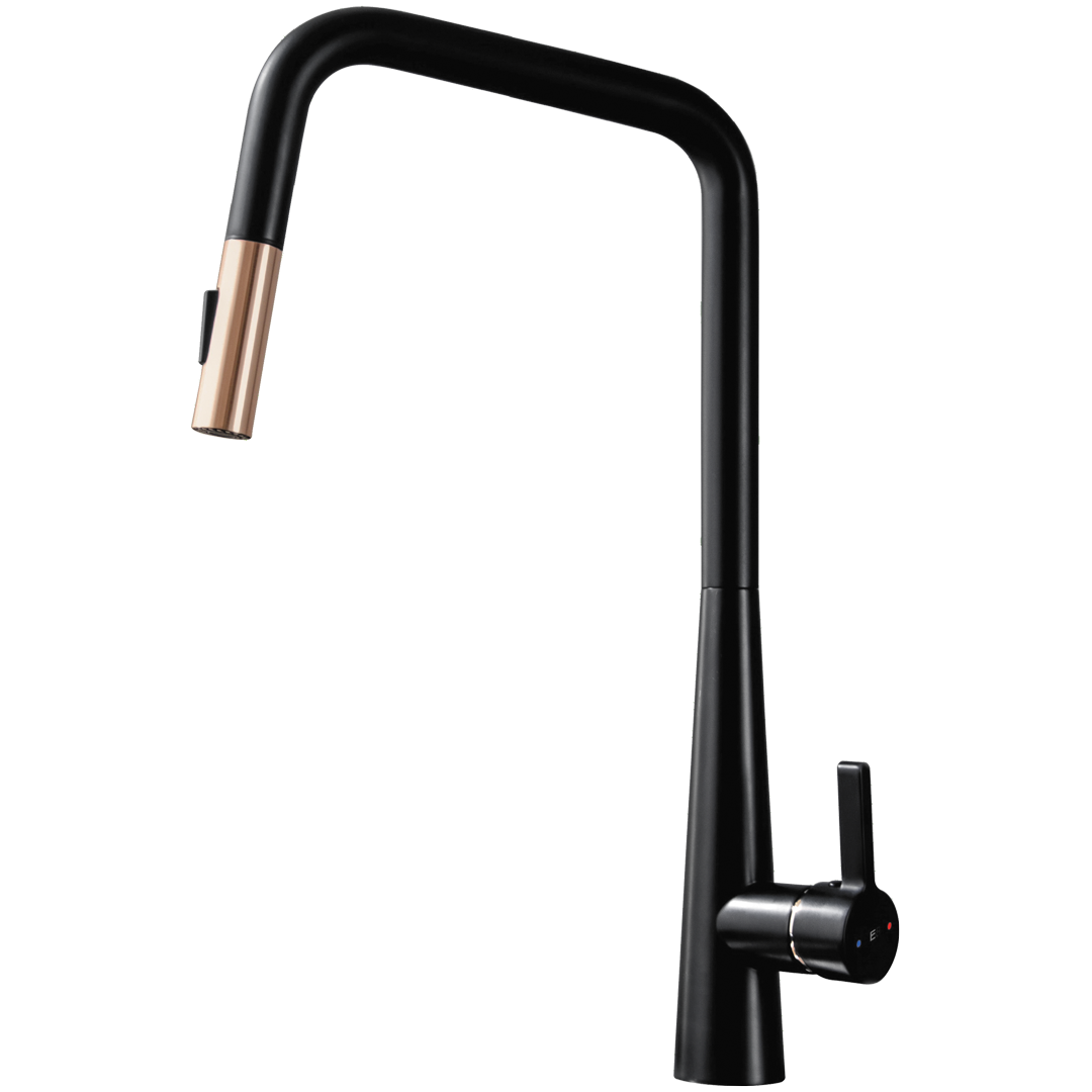 Style Bateria kuchenna z wyciąganą słuchawką prysznicową matowa czerń i różowe złoto