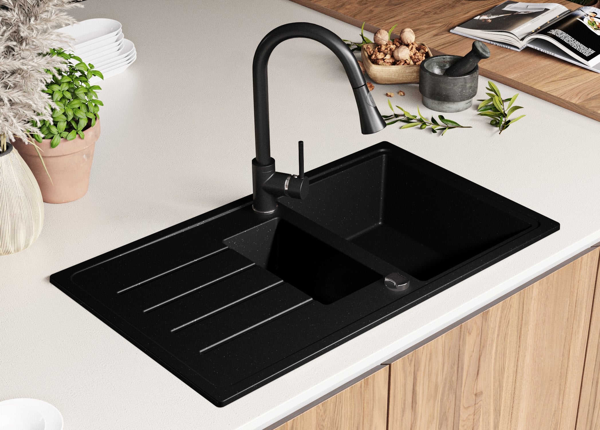 Evier Cuisine en Granit Noir Métallisé 90x50cm, Lavabo 1,5 bacs + Kit de Vidage, Évier à Encastrer au meuble 60cm - Copenhague Duo PRIMAGRAN - 2