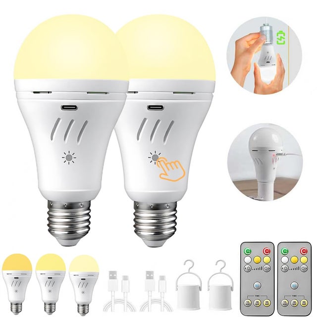 Lampadina ricaricabile con telecomando, tre temperature di colore, attacco E27, dimmerabile,2200mAh,lampadina di emergenza con gancio(confezione da 2)