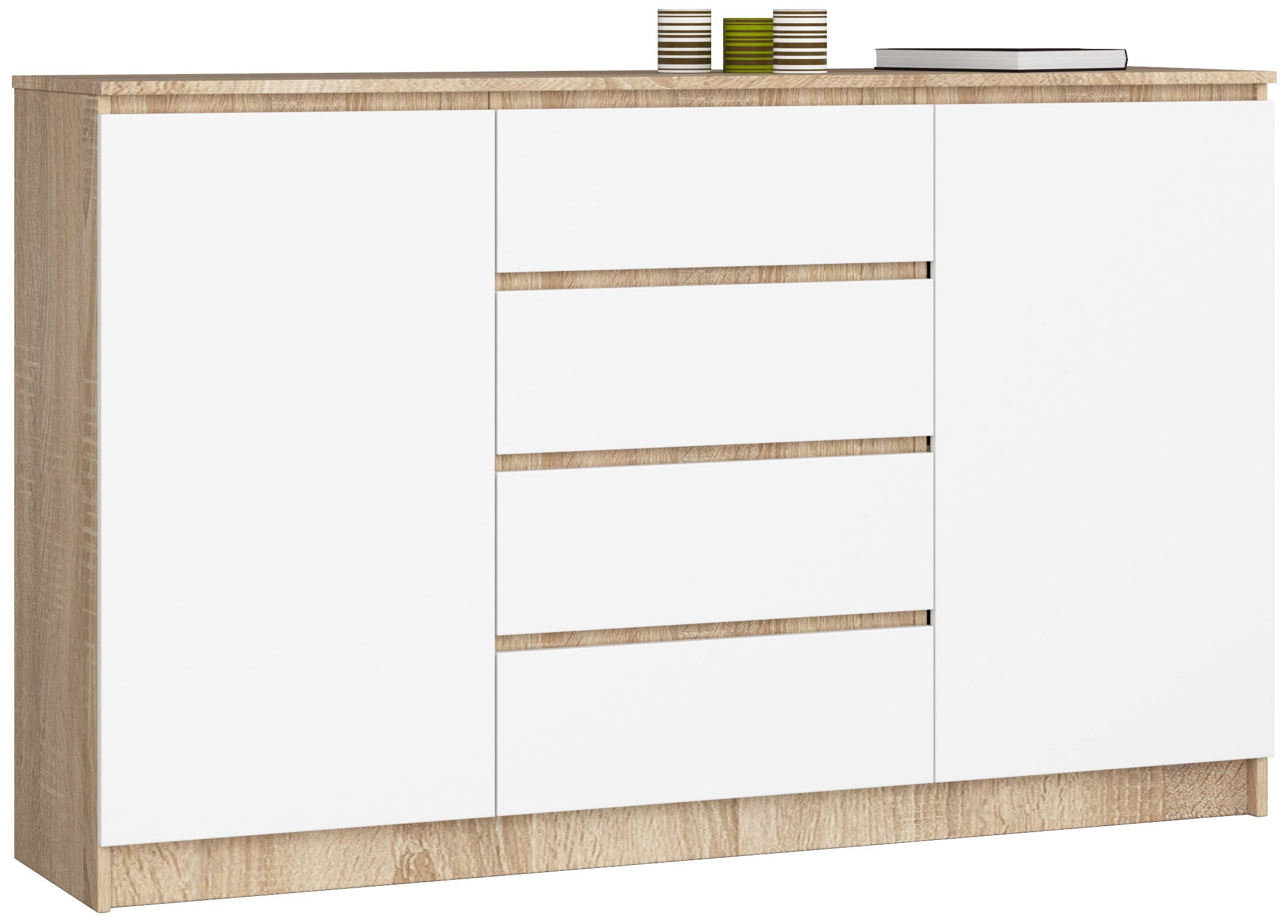 Komoda AKORD K160 Dąb Sonoma 160 cm 2 drzwi 4 szuflady kolor Biały mat 4 półki 160x40x99 cm