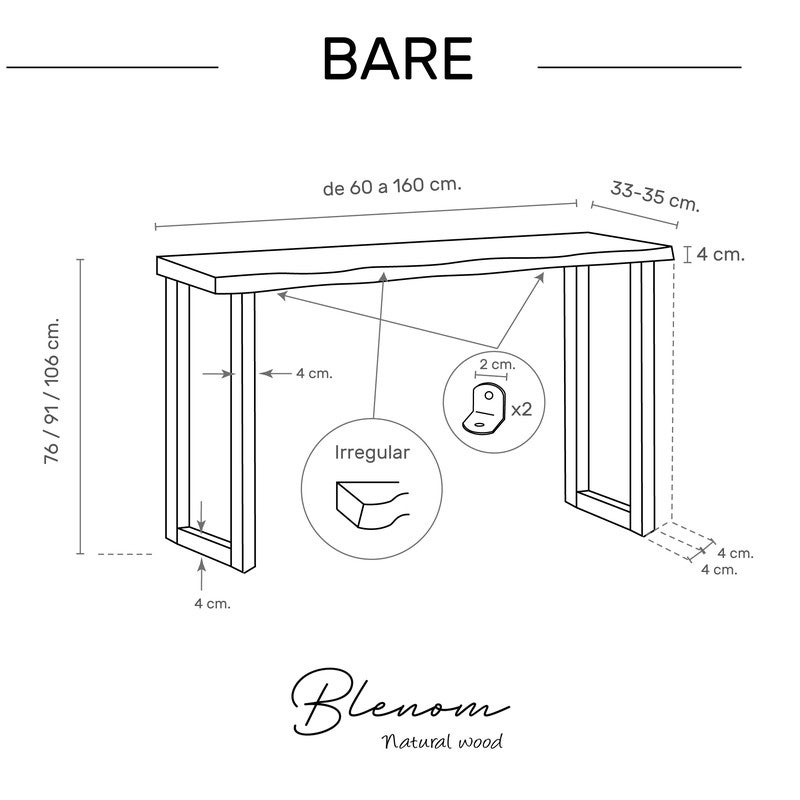 BLENOM Table console o table de hall d'entrée en bois massif durable bord irrégulier Bare 60x33-35x91cm Noyer OM - 6