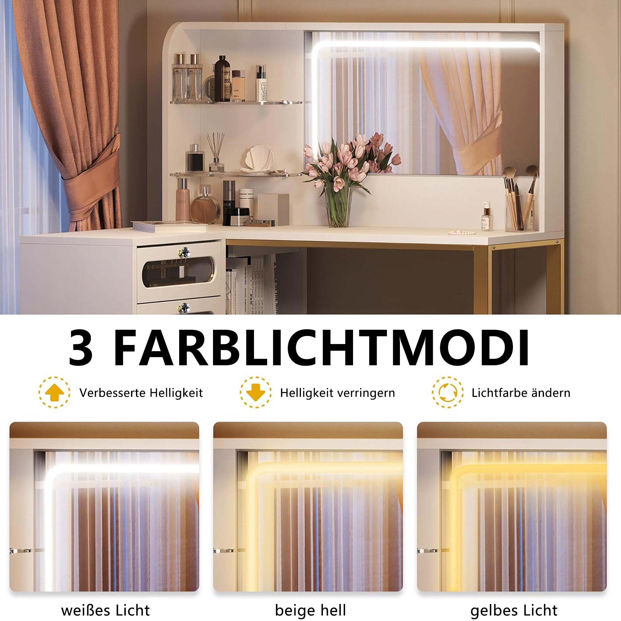 Coiffeuse avec miroir led, tabouret de coiffeuse, 5 tiroirs et 2 compartiments de rangement, design d'angle en L, blanc, table d'appoint, coiffeuse - 8
