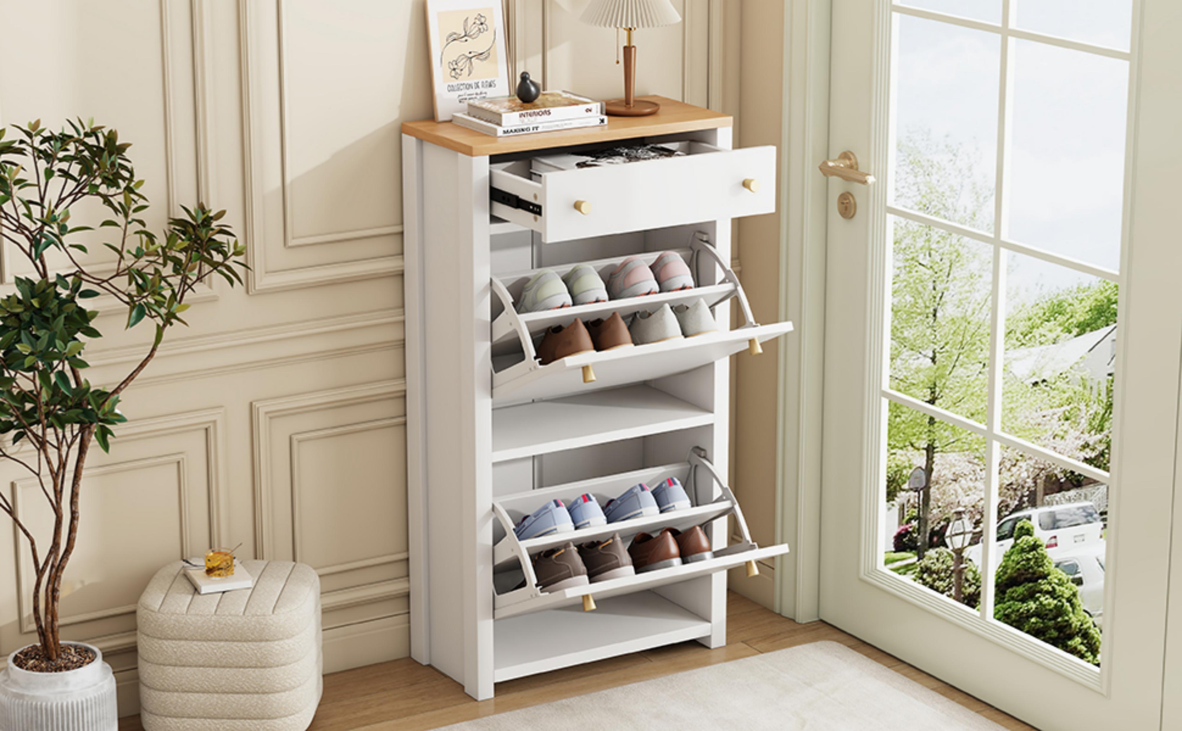 Szafka na buty z 2 drzwiami opuszczanymi, szufladą i regulowanymi półkami – MDF – 50 x 25 x 95 cm – imitacja białego drewna - 9