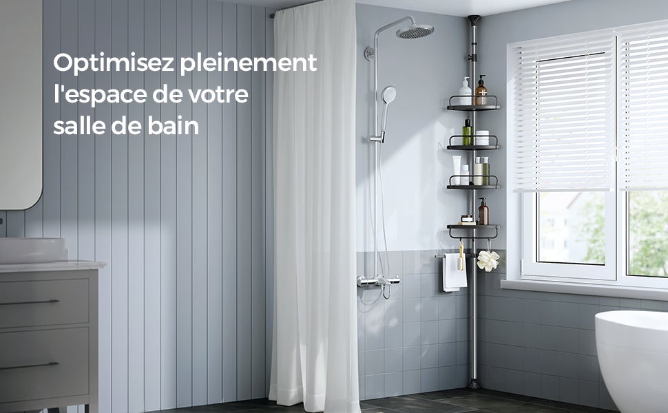 Étagère de Douche Réglable en Hauteur, Hauteur Totale 95-300 cm, en Inox, 4 Niveaux, 3 Crochets, Argent et Noir - 2