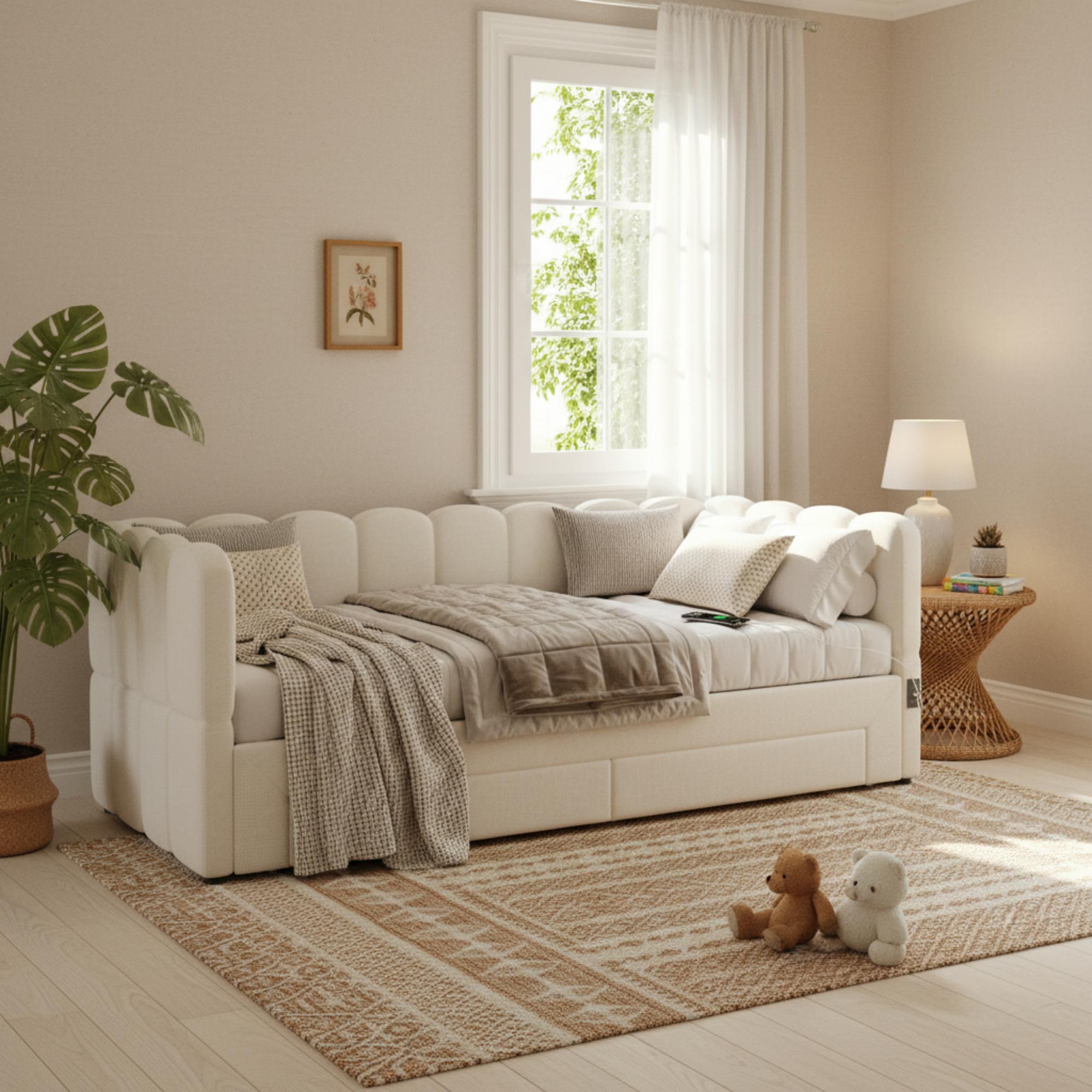 Łóżko wysuwane 90/180 x 190 cm z 2 szufladami, sofa rozkładana - Tkanina lniana - Port USB - Beżowy (Materac nie jest wliczony w cenę) - 5