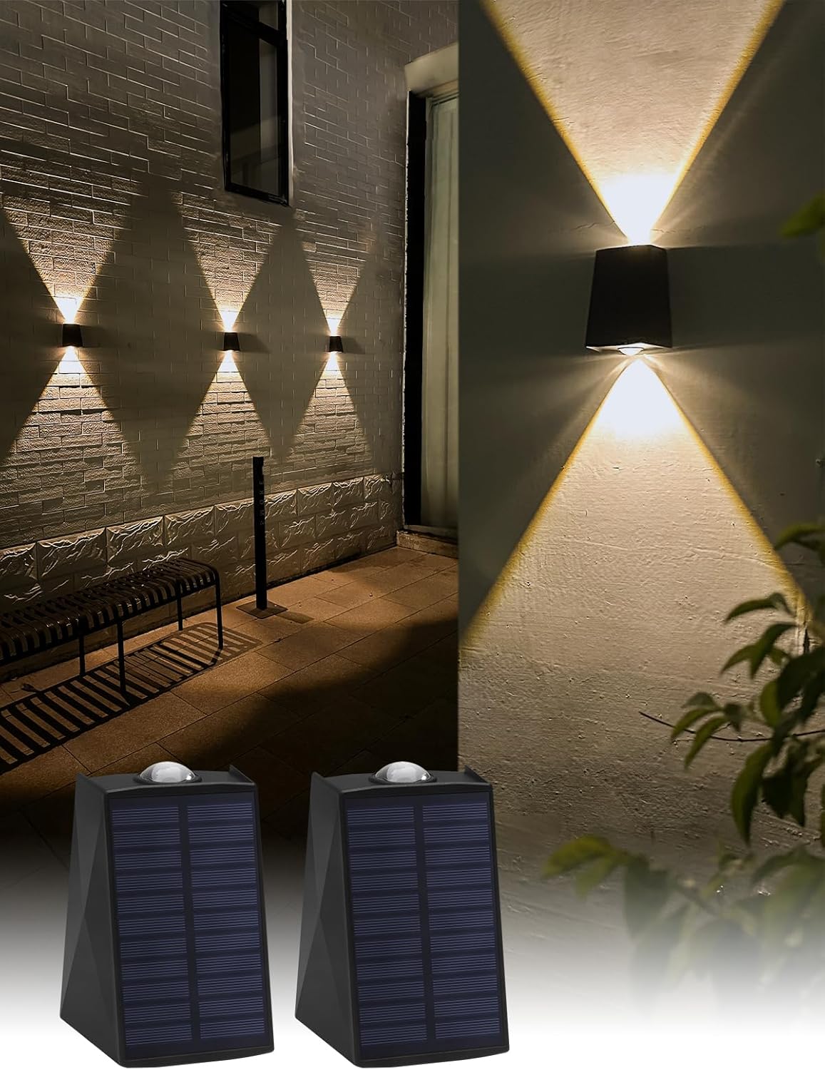 Zewnętrzne lampy ścienne zasilane energią słoneczną (światło w górę/w dół), ciepła biel 3000 K, wodoodporne, do stosowania na ścianach, w