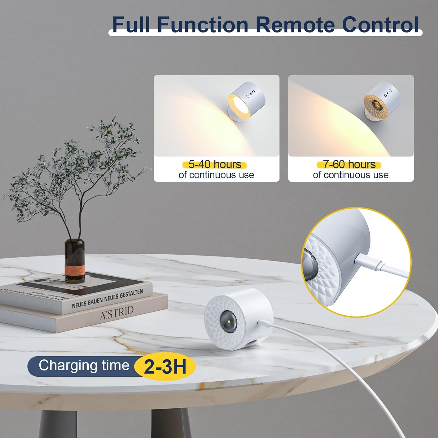 Lampe murale à LED double face avec télécommande,contrôle tactile,3 Couleurs,USB,rechargeables,à 360°- Blanc - 5