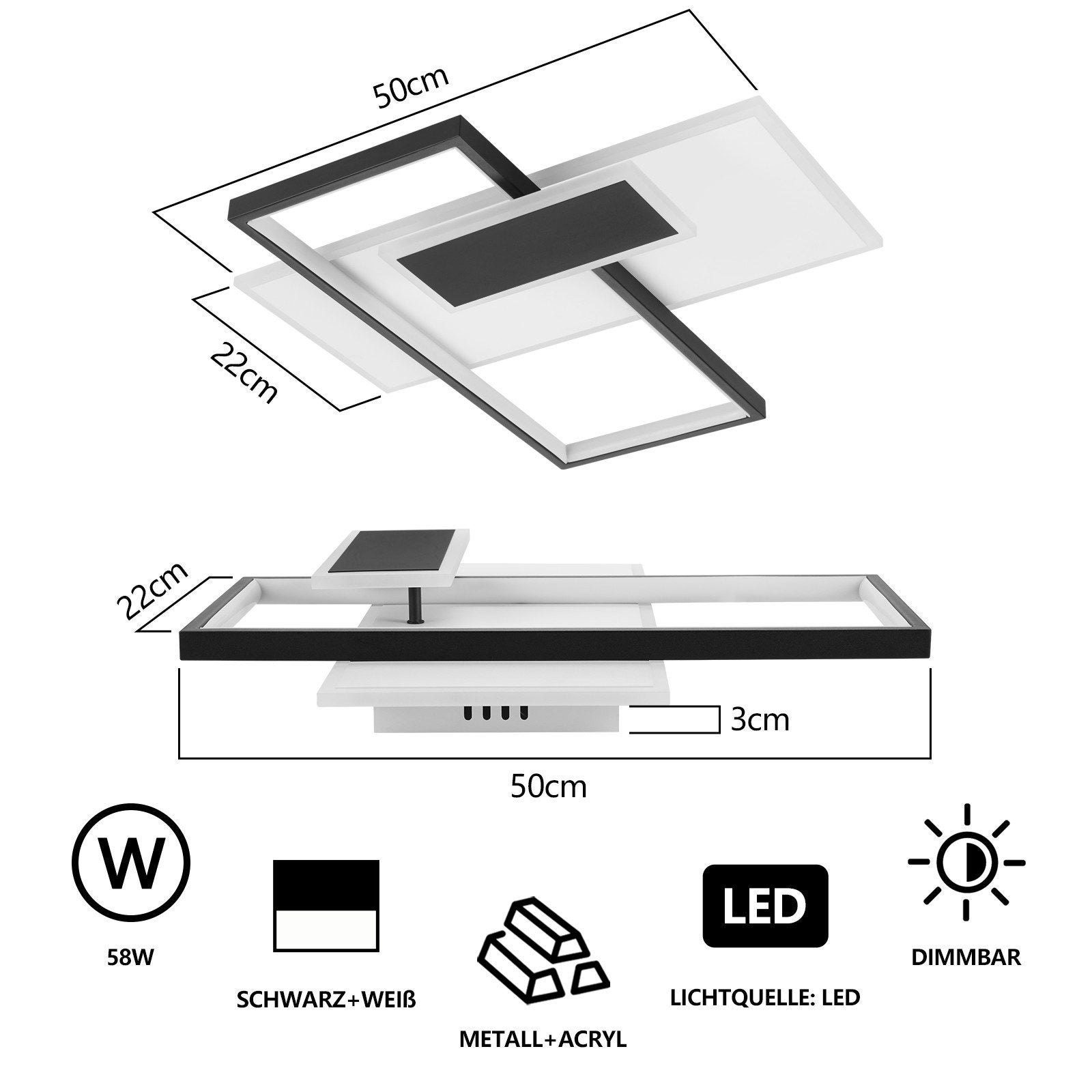 NETTLIFE Lámpara de techo LED Lámpara de techo para sala de estar Regulable 62W con 2 focos de techo Negro con control remoto Acrílico moderno - 3
