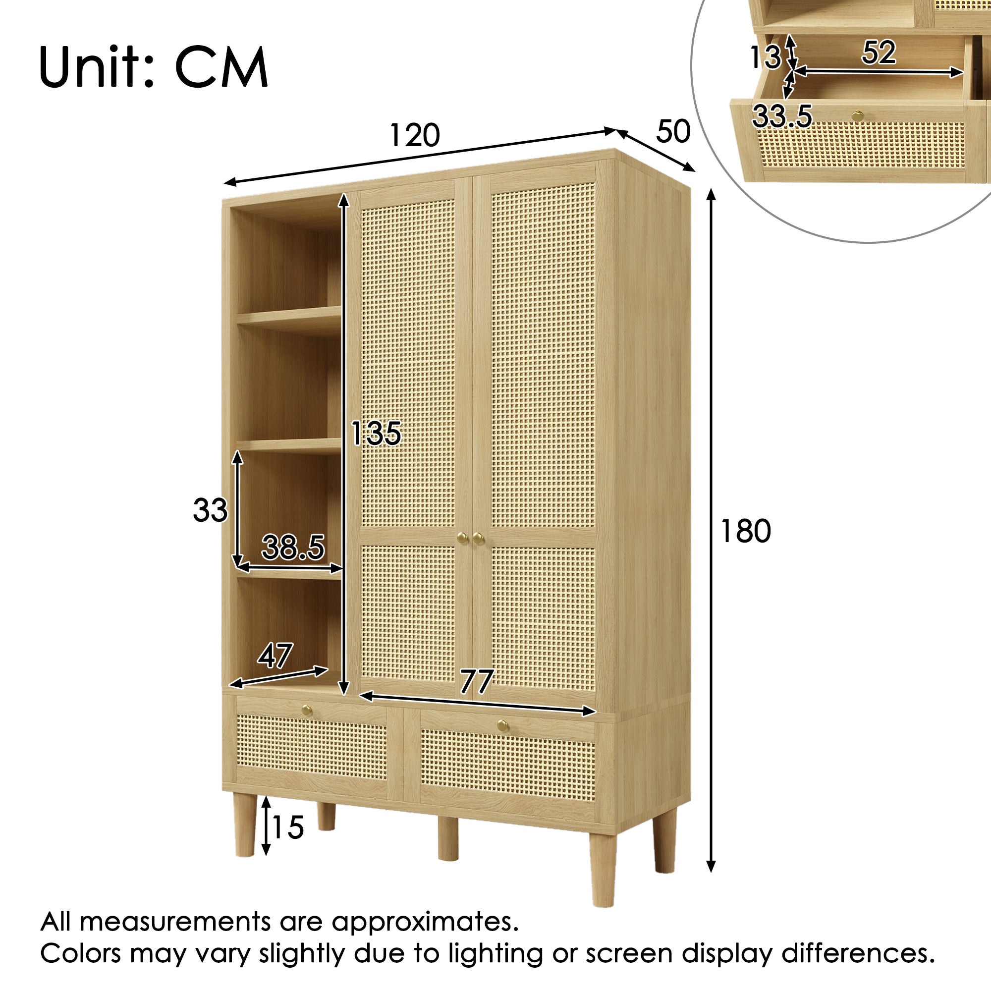 Armoire Penderie en Cannage Rotin 180x120x50 cm, 2 Portes avec 2 Tiroirs, tringle vêtements, Style Bohème Chic - Chêne - 5