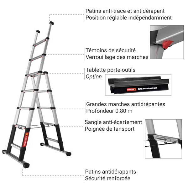 Escabeau télescopique - Hauteur max. de travail 3.10m - Porte-outils - TEL-72423/9202-101 - 3