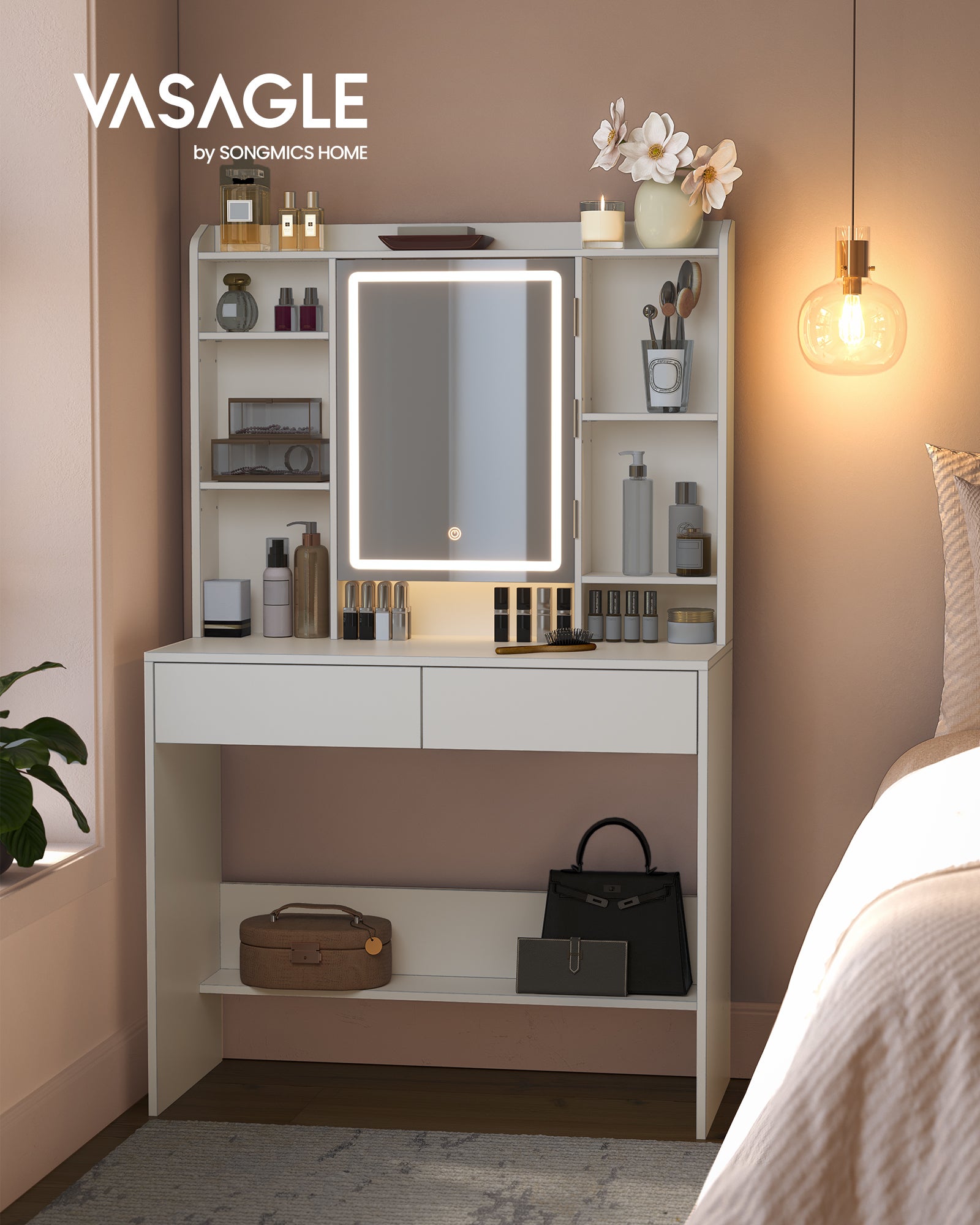Coiffeuse avec Miroir LED, 3 Couleurs, 2 Tiroirs, Style Moderne, 90 x 40 x 144,7 cm, Étagère de Rangement, Blanc - 6