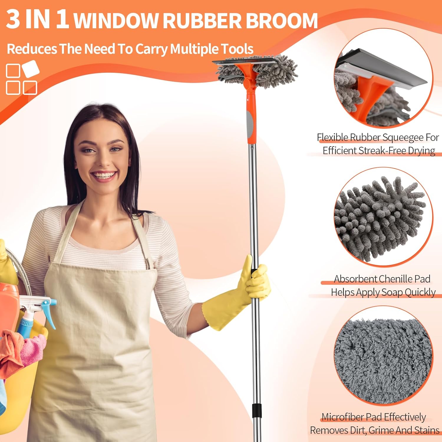 Kit de nettoyage de vitres professionnel 2 en 1 avec raclette à vitres télescopique 240 cm, tête flexible, pour vitres hautes intérieures, gris - 6