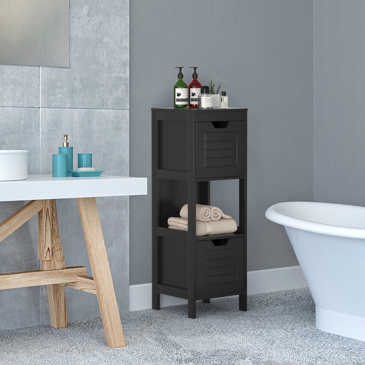 Essenza  Armario De Baño Multifuncional Con 2 Cajones Mdf 30X30x89cm Estante De Madera Moderno Negro , Leroy Merlin