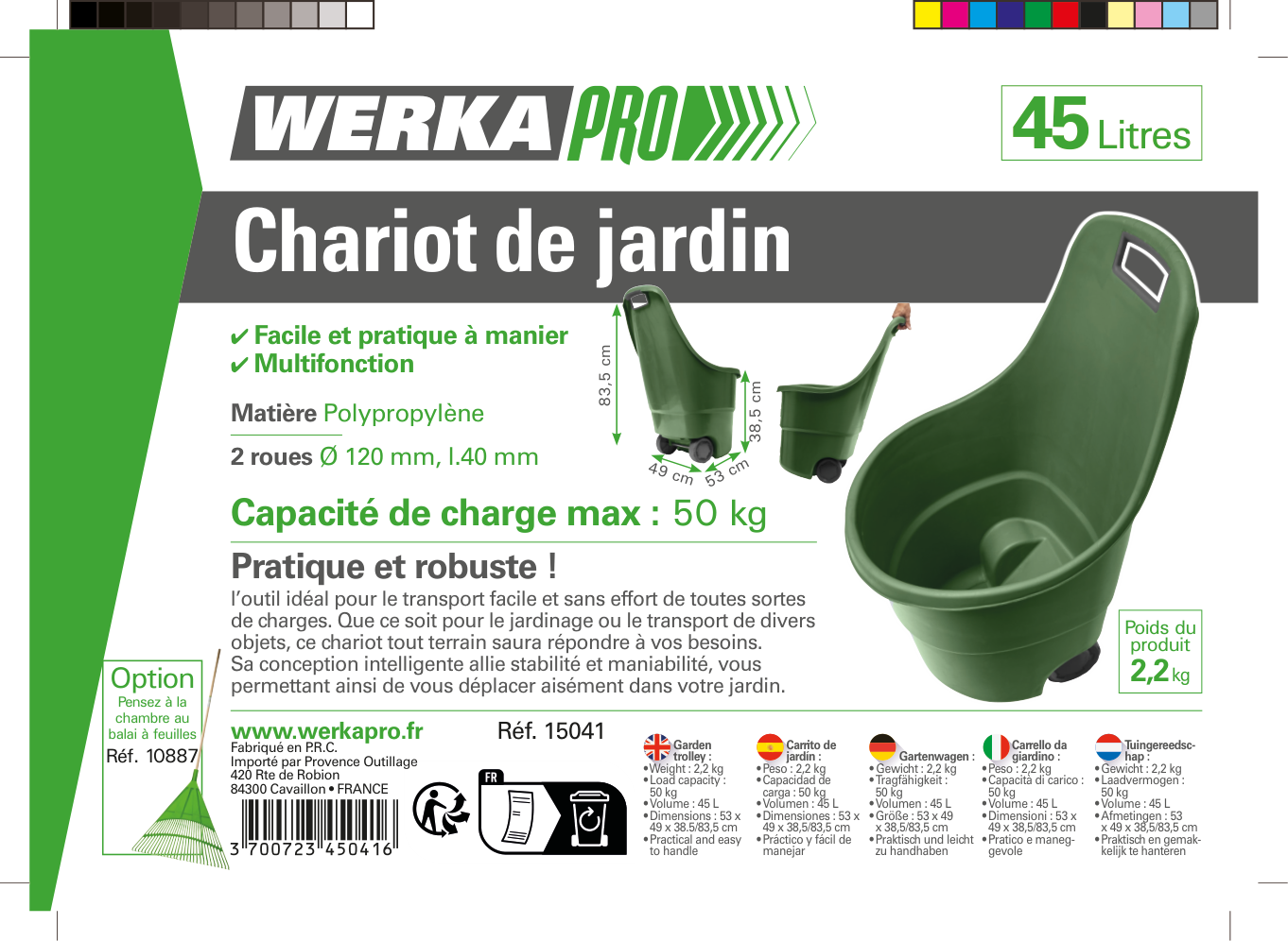 Chariot de jardin WERKA PRO 45 L PVC vert 2 roues - 7
