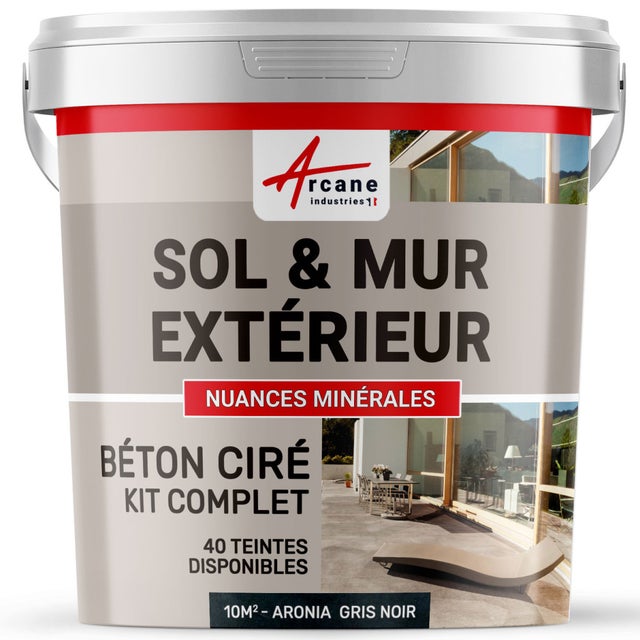 KIT BETON CIRE EXTERIEUR : Pour sol, mur, terrasse, balcon, escalier - 10 m² (en 2 couches) Aronia Gris Noir - ARCANE INDUSTRIES