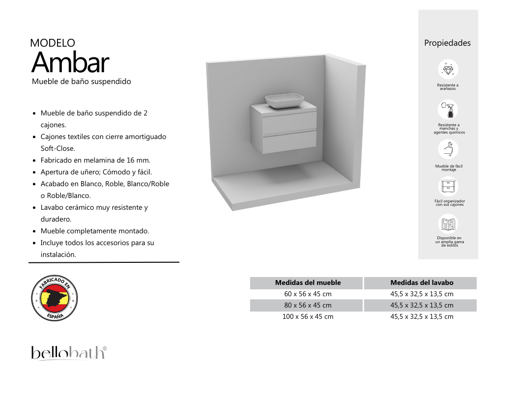 BELLOBATH - Móvel com Lavatório de Cerâmica, Móvel Montado com 2 Gavetas, 60 x 55 x 46 cm, Móvel Carvalho - 5