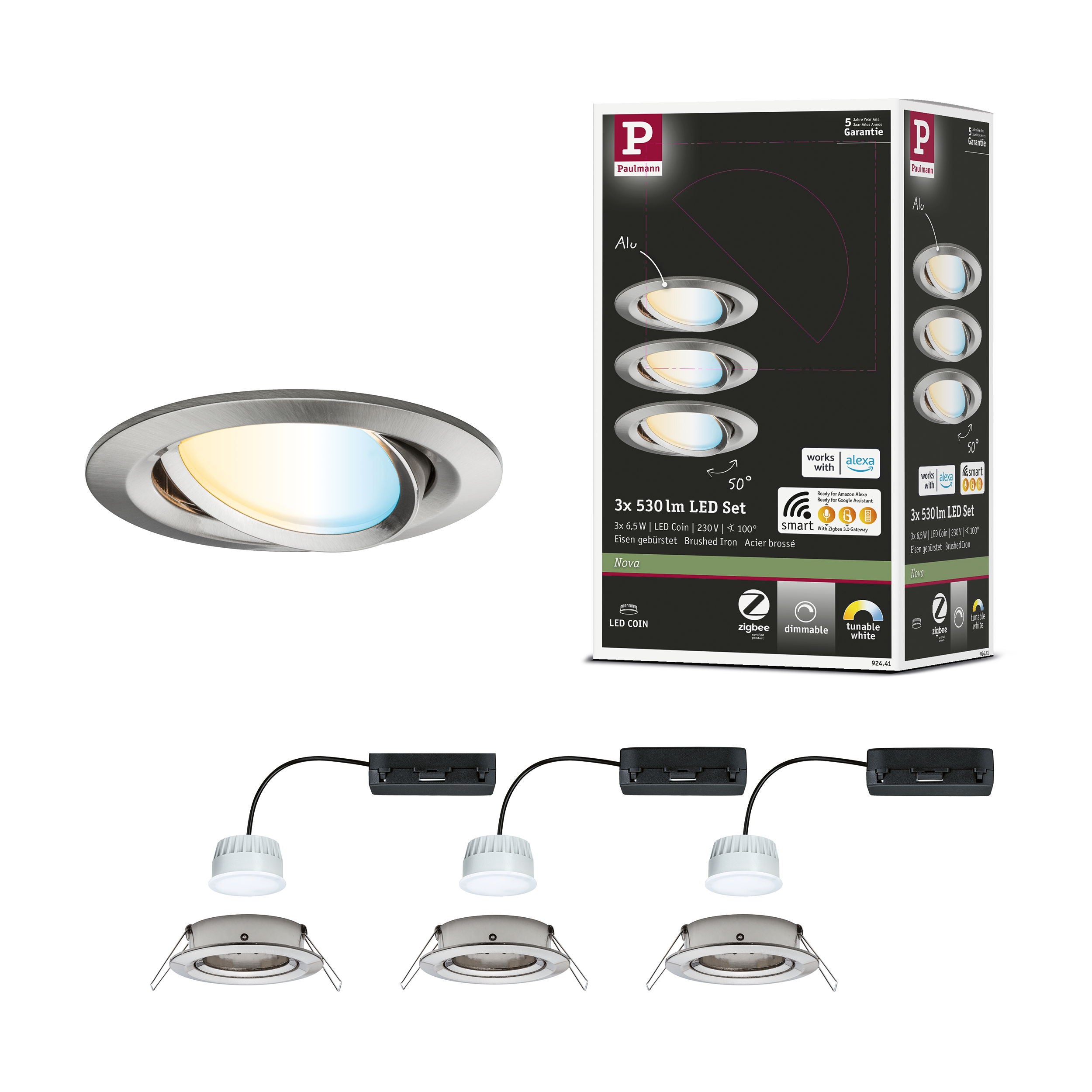 Spot encastré LED Nova Coin rond 84 mm 50° Tunable White 3x6W 3x530lm 230V Acier brossé Aluminium