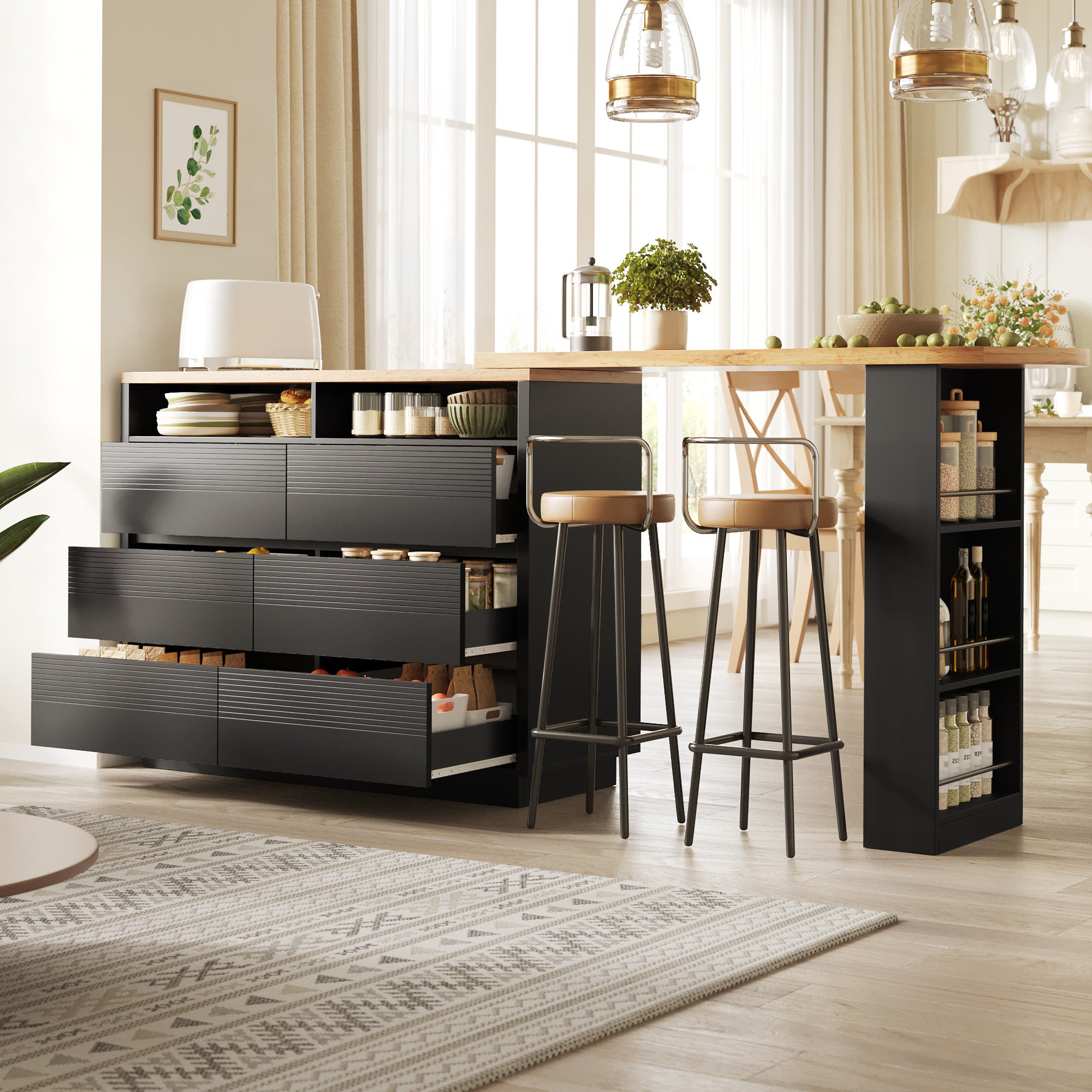 Meuble de bar de cuisine extensible - et rotation à 360° - 215x39x102cm - 6 tiroirs - table bistro - avec étagères latérales - Noir - 2