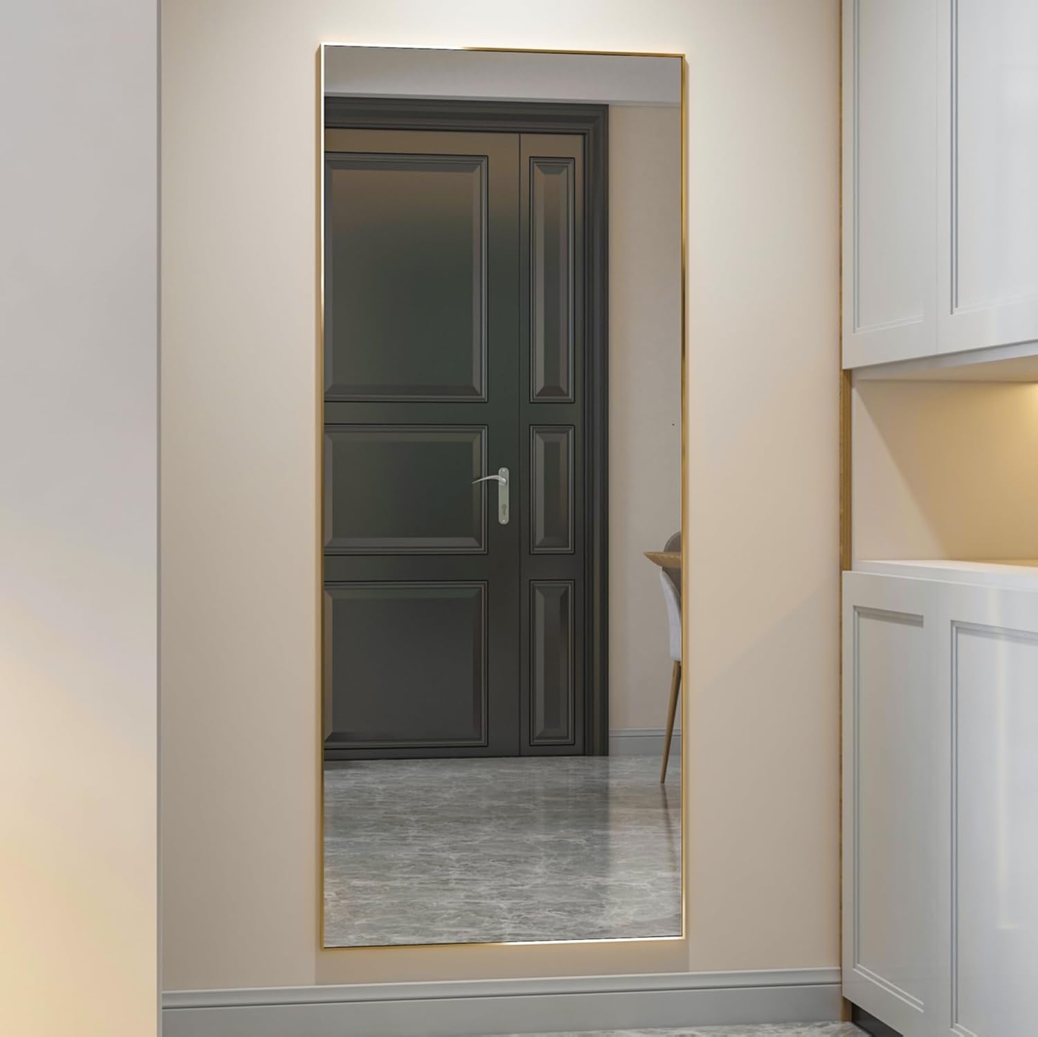 Espejo rectangular grande de 165 x 60 cm, espejo de cuerpo entero, espejo de dormitorio de pie o de pared, marco de aluminio, espejo dorado - 7