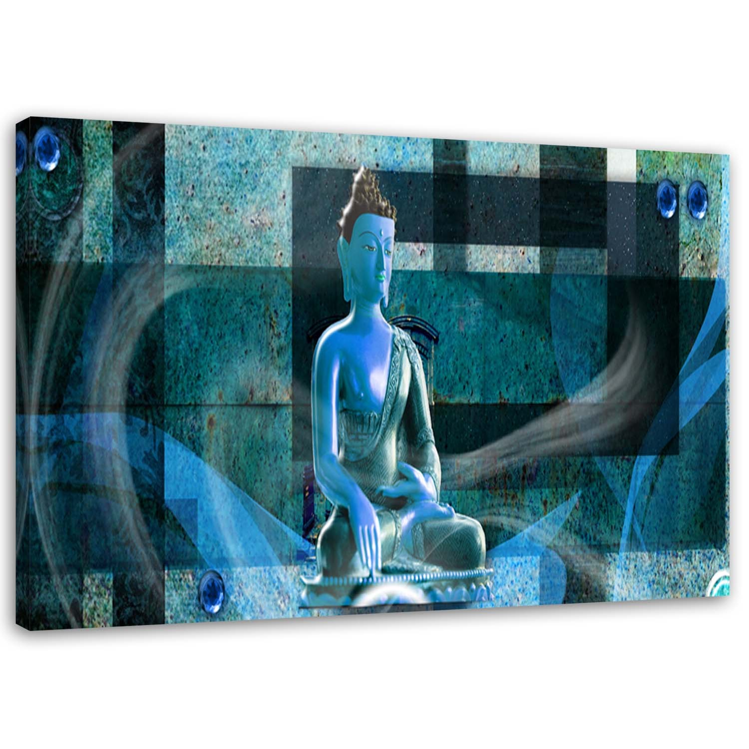 Obraz na płótnie, Budda na geometrycznym tle - niebieski 100x70