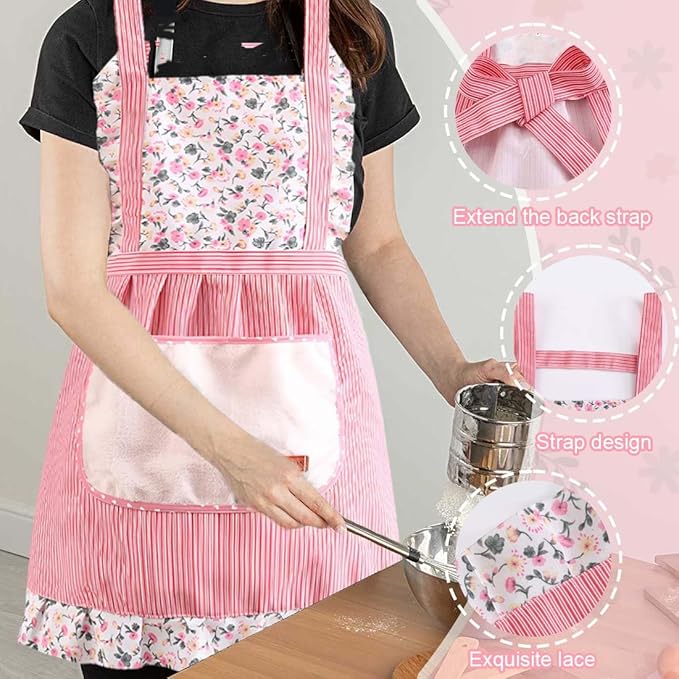 qipuneky 2 Pezzi Grembiule Cucina Donna Cotone E Lino, con Tasca Grembiule per La Pulizia, Regolabile, Adatto per Casa E Cucina, Pulizia