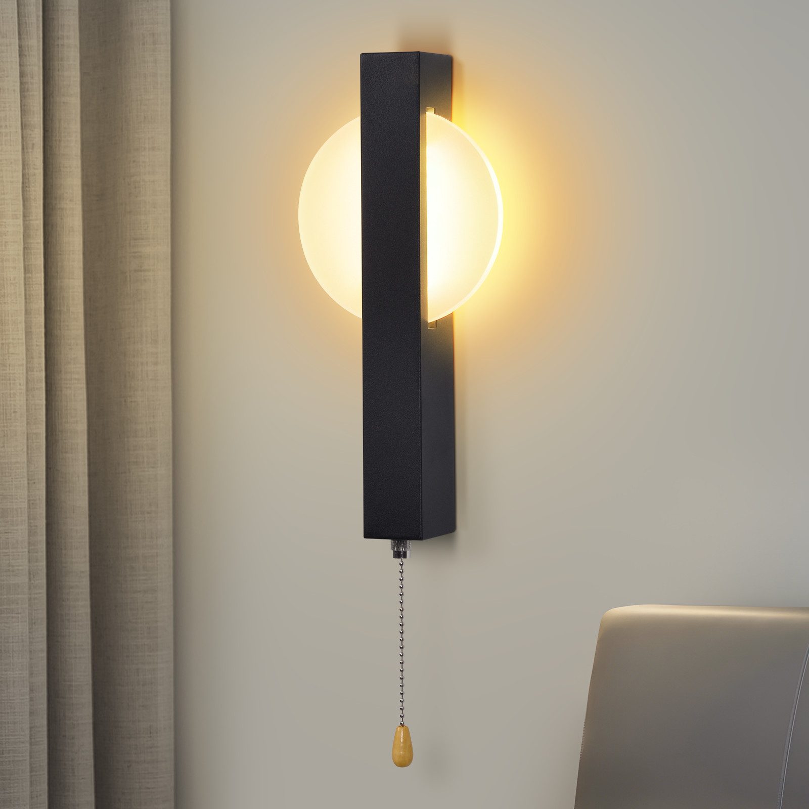 ZMH Nowoczesna czarna lampa ścienna LED do wnętrz z włącznikiem łańcuszkowym, 3000K, 6W