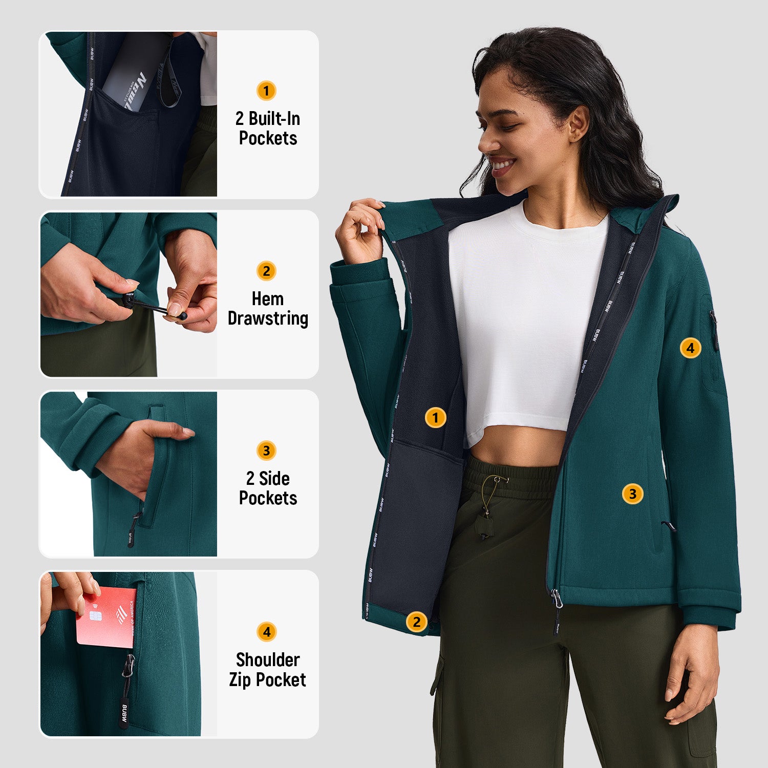 Veste de Travail Femme Taille L Blouson & Softshell - Imperméable, Anti-Vent, Fourré Chaud, Poches Multiples, Capuche - Vert - 2