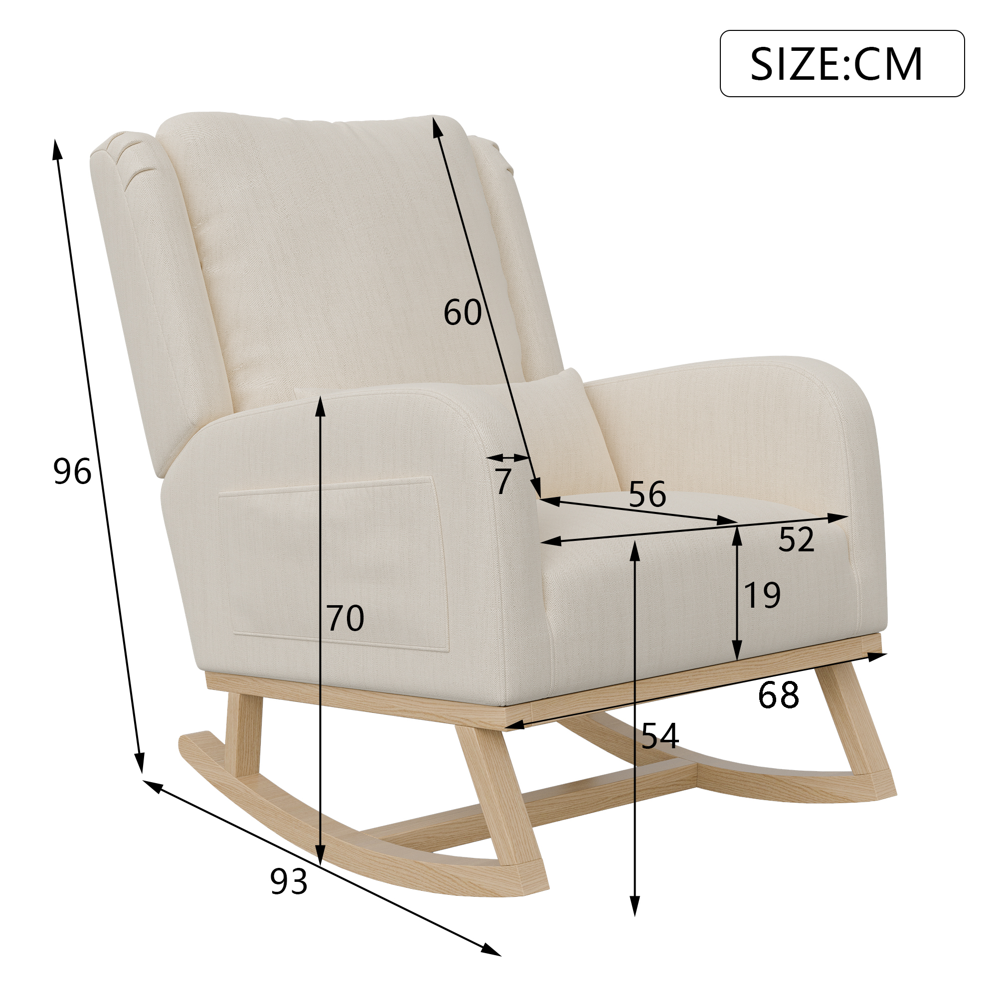 Rocking Chair avec Coussin Lombaire, Allaitement Fauteuil Avec Tapis Antidérapant et Accoudoirs, Chaise Loisir avec Pieds en E' Bois, Beige Lin - 2