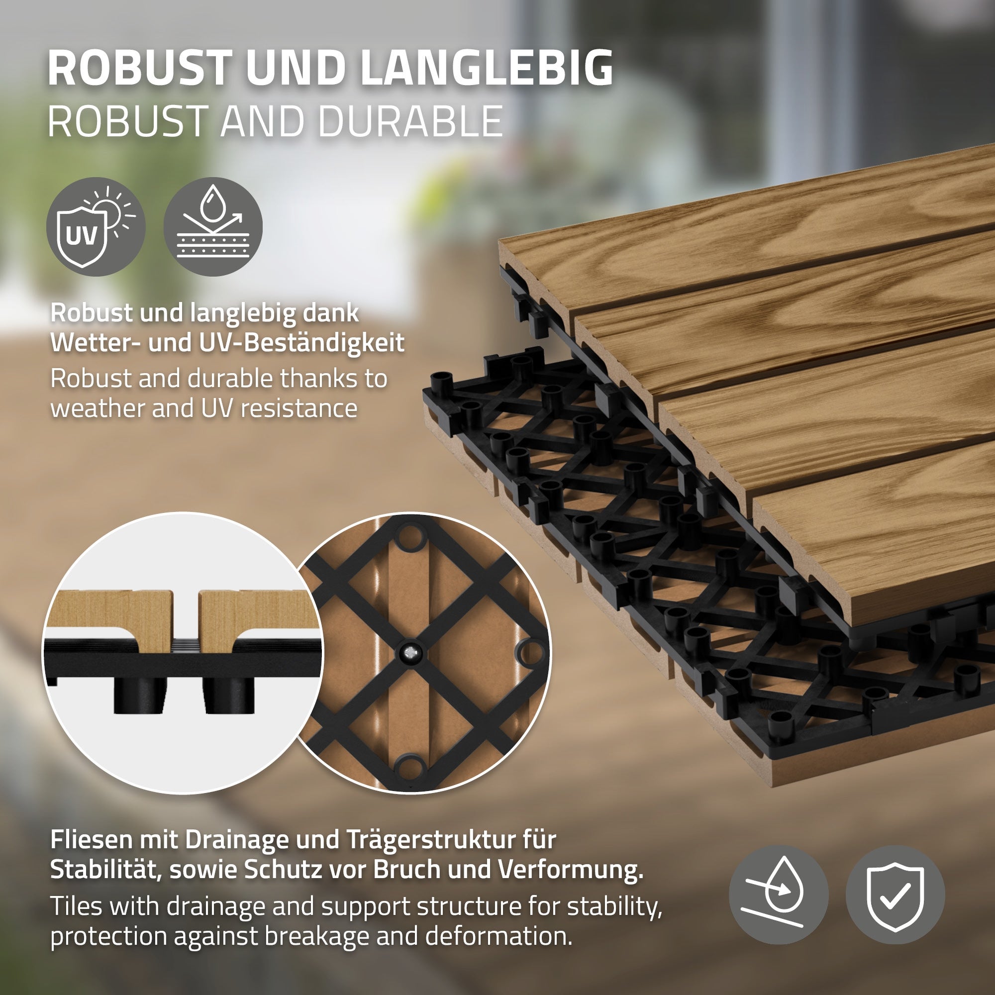 ECD Germany plytki tarasowe wpc 30x30 cm 55 sztuk 5m² kwadratowy teak panele podłogowe klik odpływ wodny balkon taras ogród patio weranda - 3