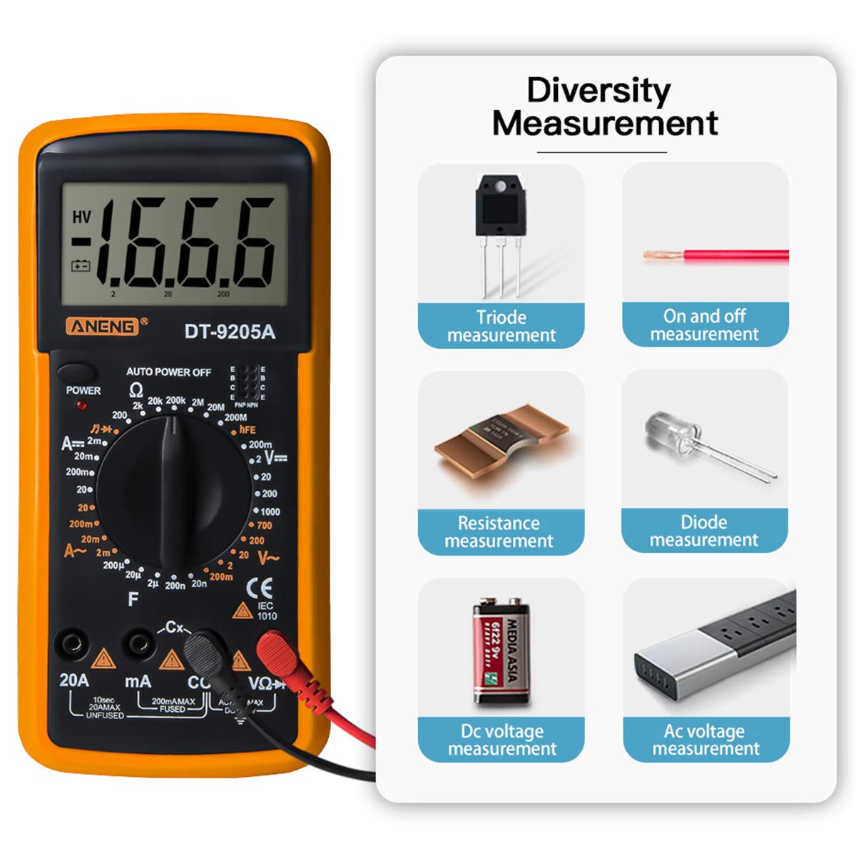 Multimètre Compact DT-9205A - Voltmètre AC/DC, Ampèremètre, Ohm, Testeur Hz - Idéal pour Électriciens - 4
