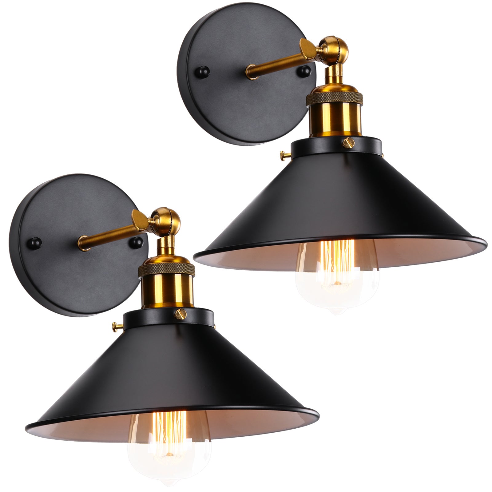 Lot De 2 Applique Murale Intérieur Vintage Industrielle Lampe Murale E27 Luminaire Abat Jour En Metal Avec Support En Bois Pour Salon Couloir Bar Douille Laiton 30080671