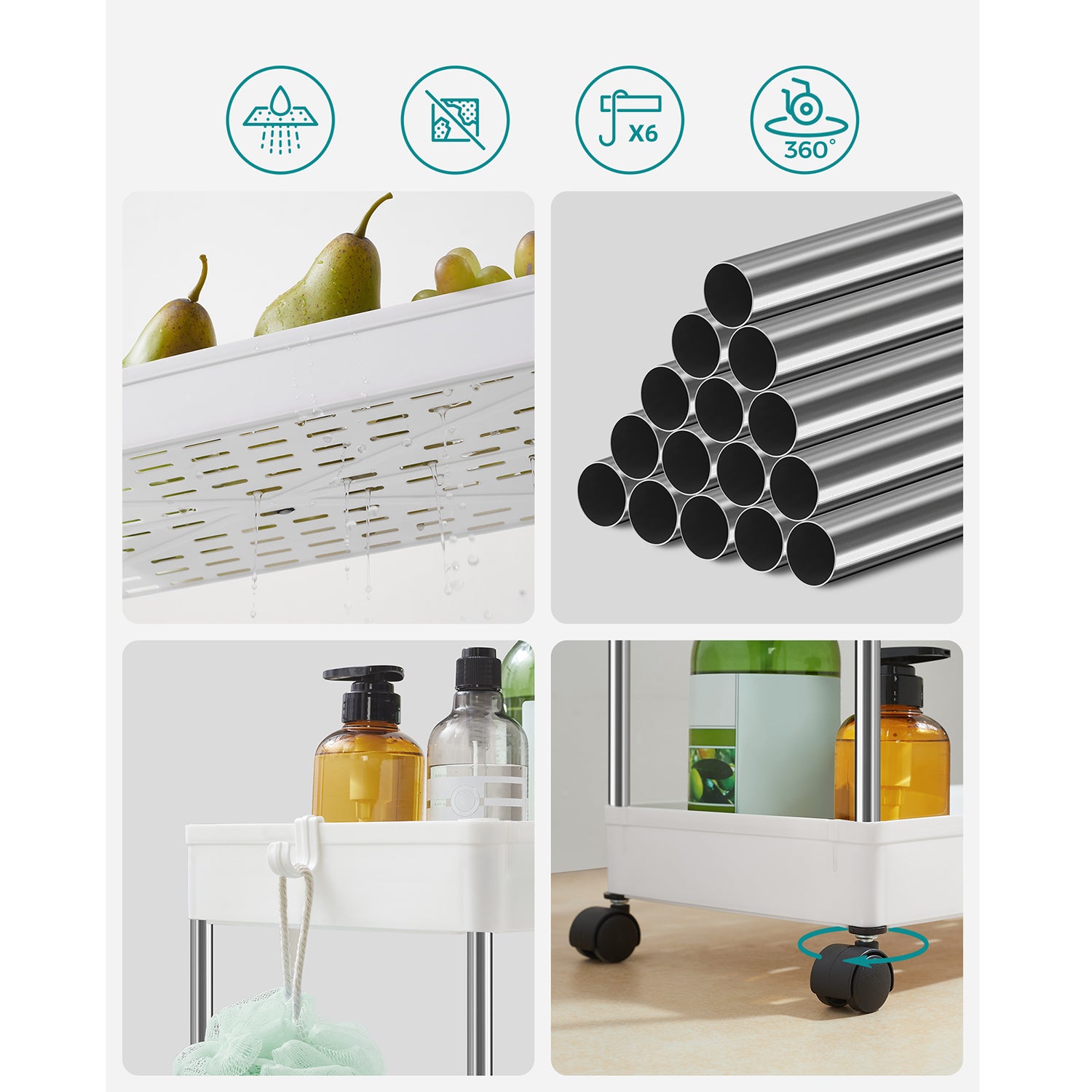 Desserte à roulettes, Chariot de Rangement, Étagère Roulante, 3 Niveaux, Gain de Place, pour Salle de Bain, Cuisine, Bureau, 40 x 22 x 60 cm, Blanc - 7